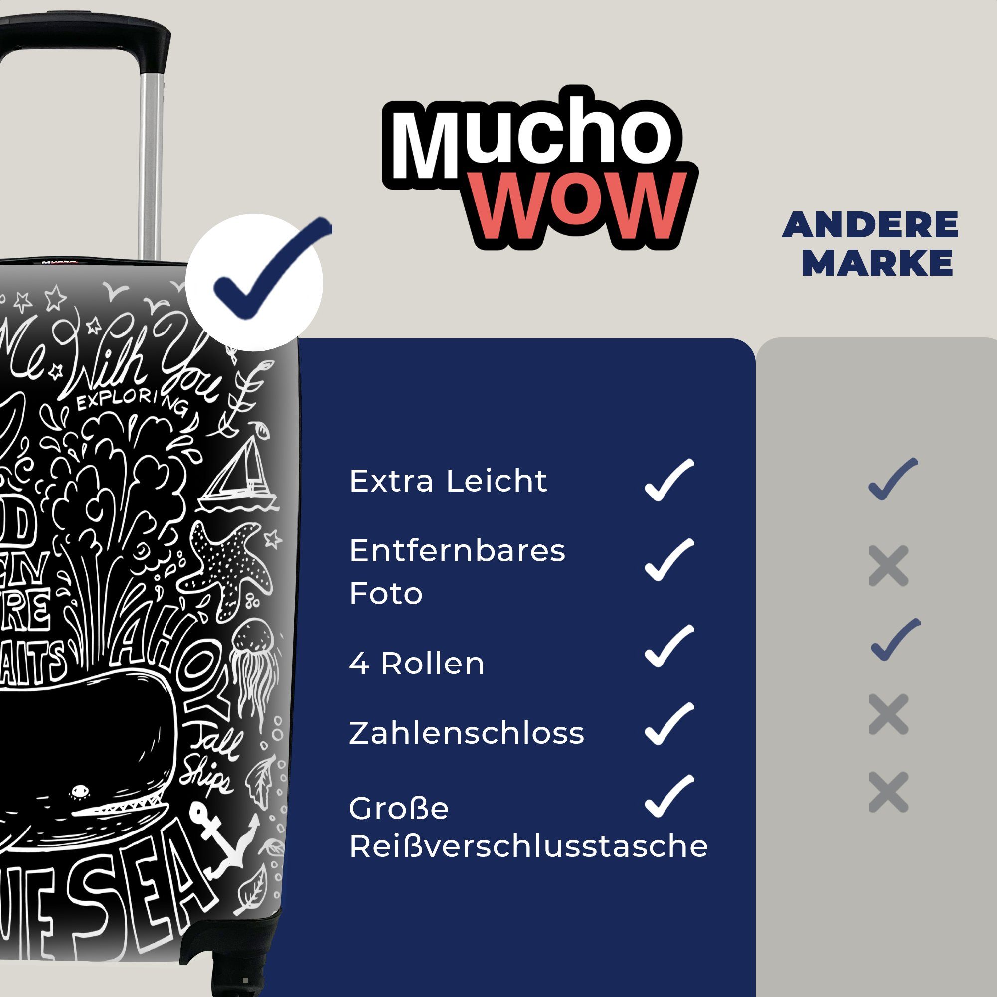 MuchoWow Illustration mit 4 Texte, und Wals Rollen, für eines Handgepäckkoffer Trolley, rollen, Reisekoffer Handgepäck Ferien, Reisetasche