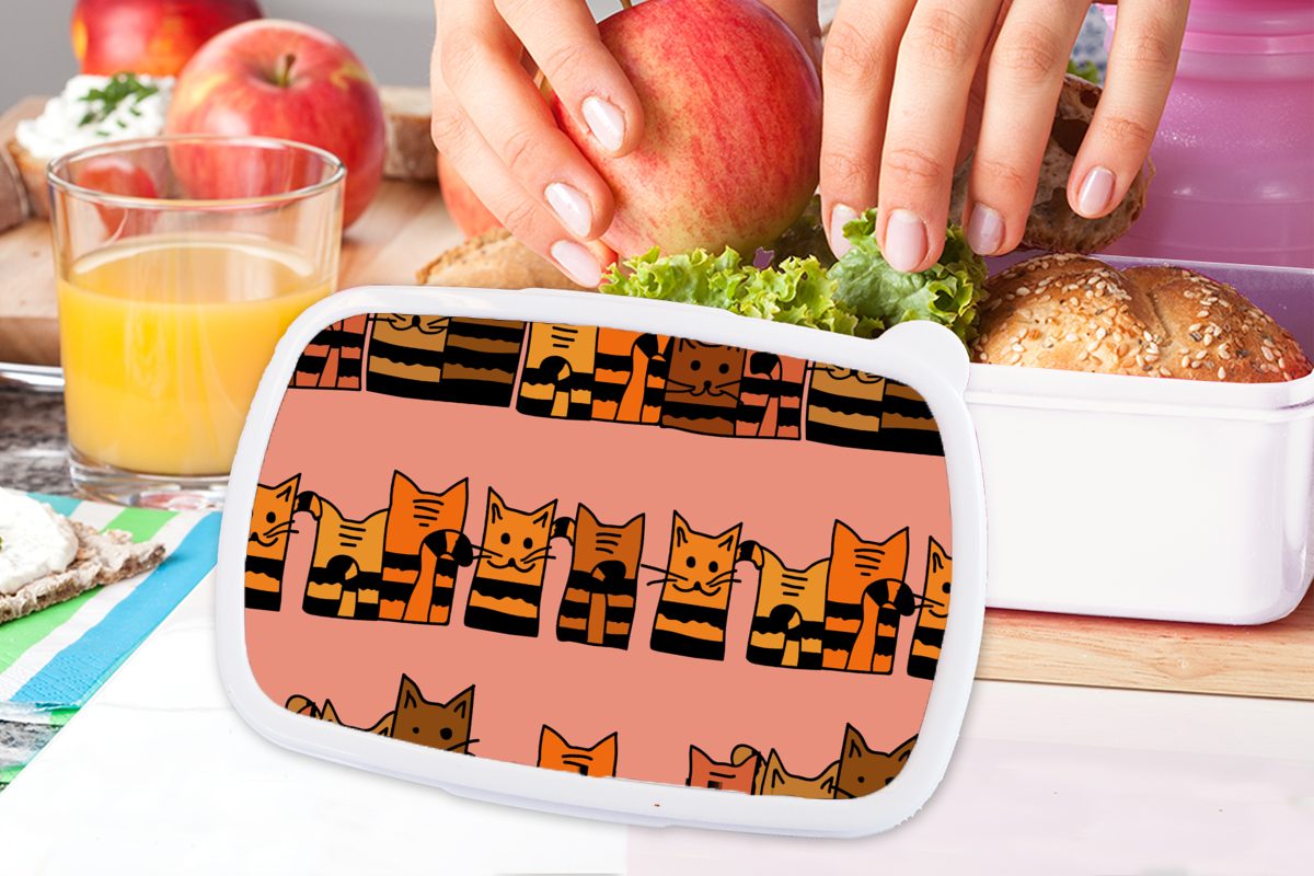 Kinder - Katzen Muster für Lunchbox Tiere und und Kinder, weiß - (2-tlg), Brotbox MuchoWow für Brotdose, - Kunststoff, Jungs Mädchen Erwachsene,