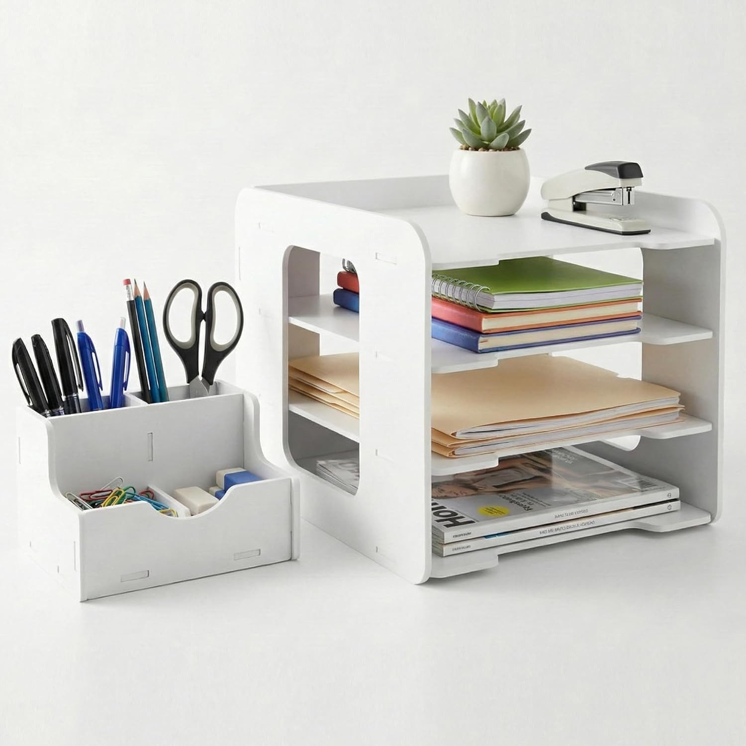 TUWENA Aufbewahrungsdose Dokumentenablage mit Stifthalter, Schreibtisch Organizer A4, Briefablage Organizer,Ablagefächer Stapelbar für Zuhause Büro Schule