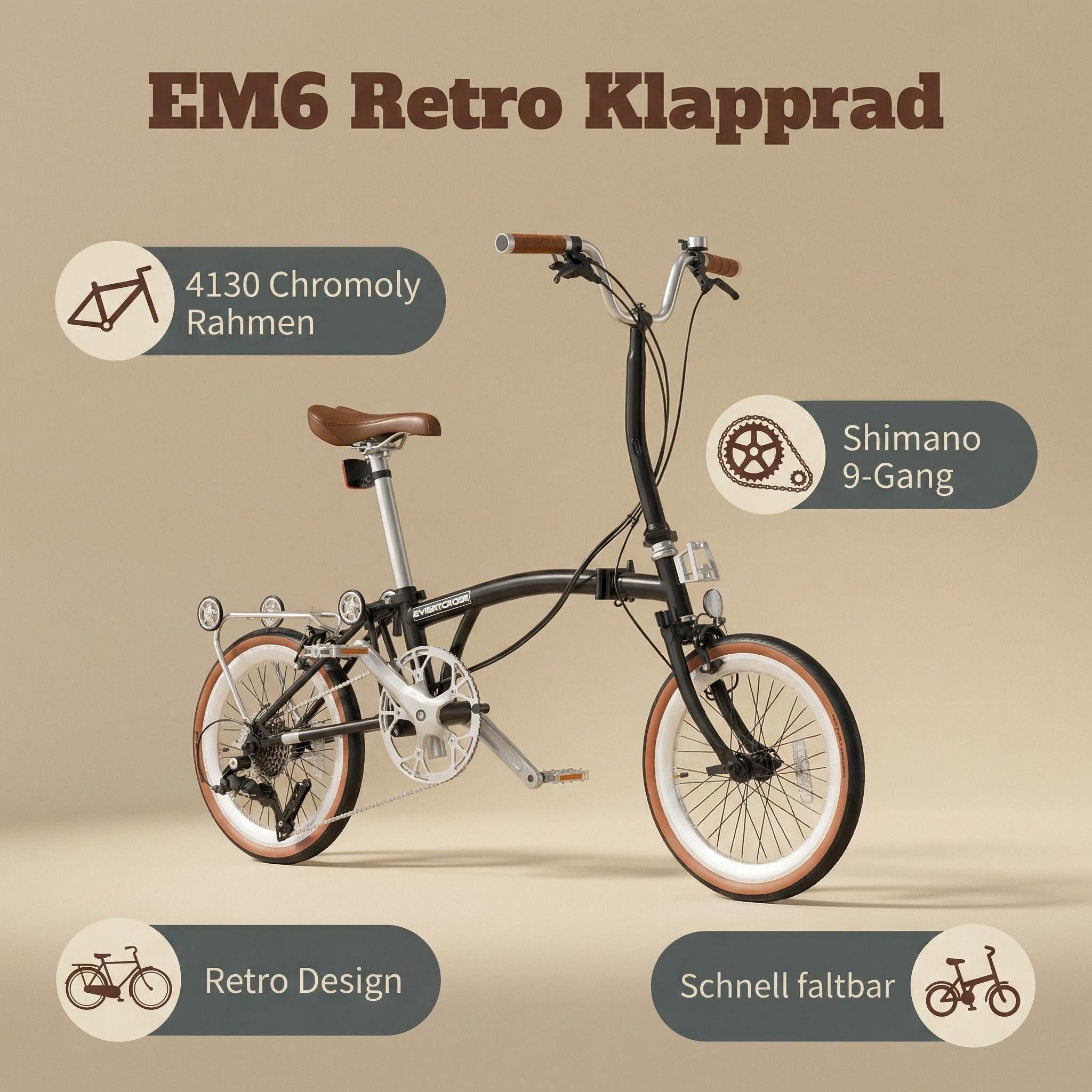 EVERCROSS TECH Faltrad EM6 16 Zoll, dreifach faltbares Fahrrad, 9-Gang, Aluminiumrahmen, 9 Gang, C-Bremse, max. 105 kg – Klapprad für Damen & Herren, Pendler