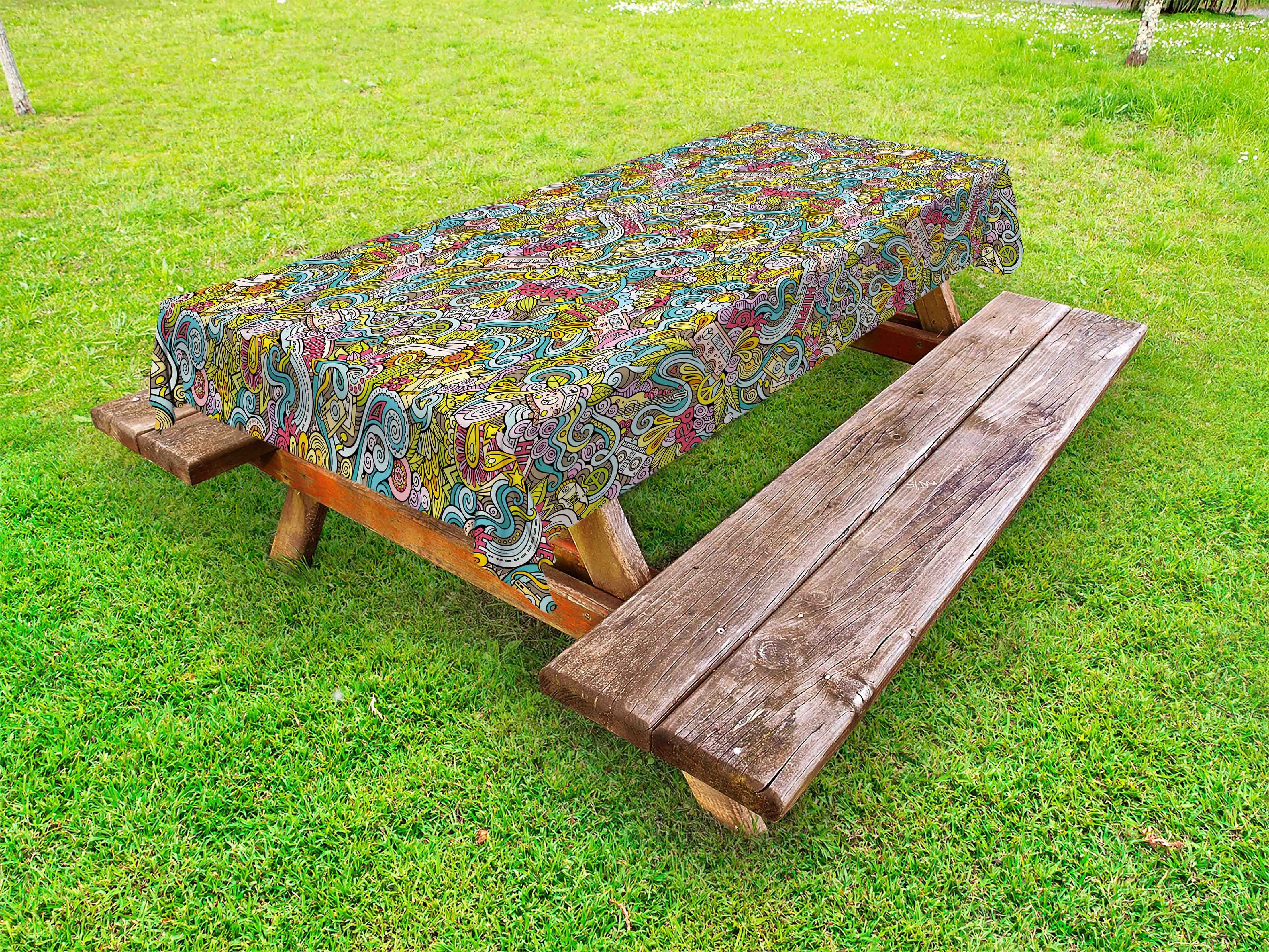 Abakuhaus Tischdecke dekorative waschbare Picknick-Tischdecke, Bunt Hippie-Art Jumble Doodle