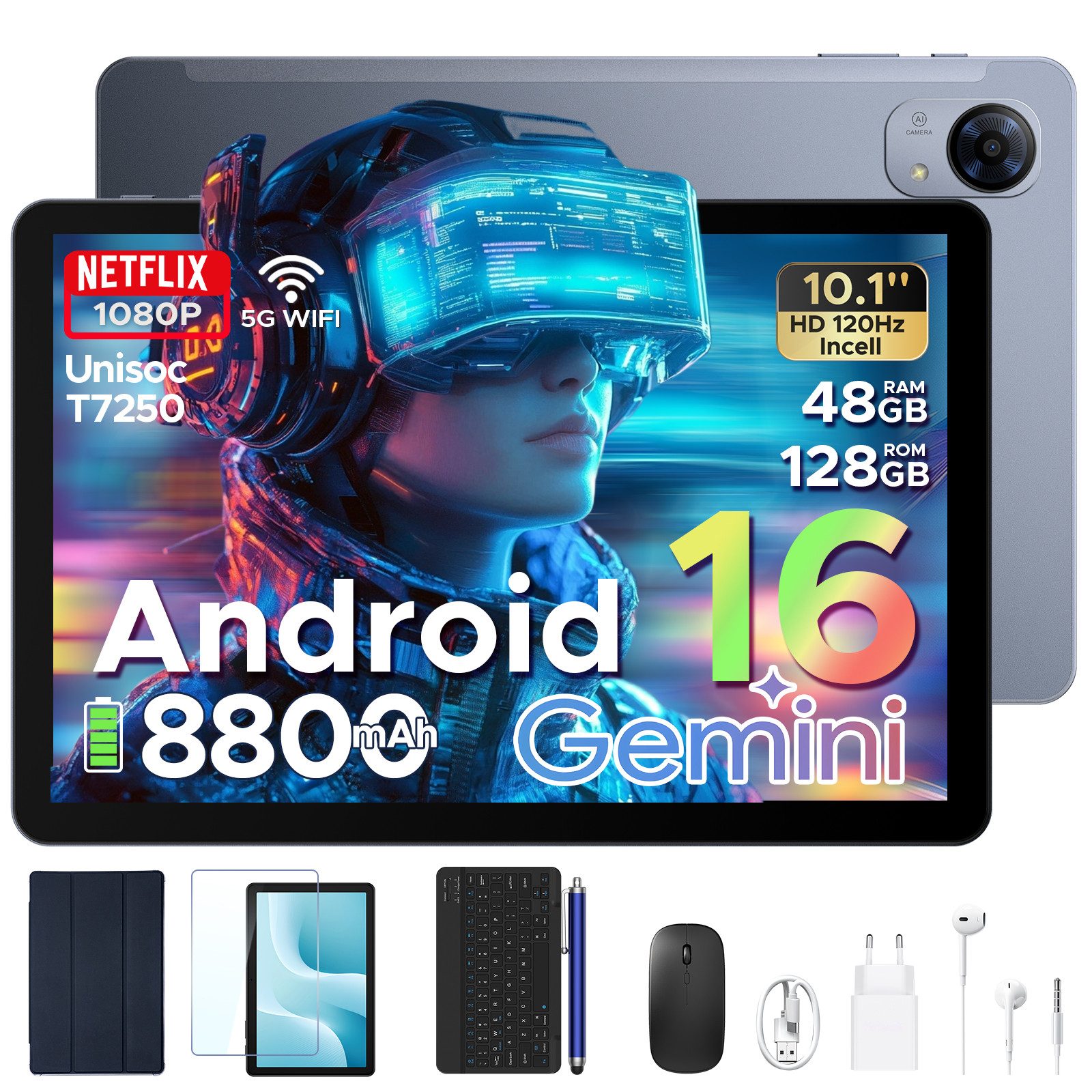 POCKAM Kinder Lern-Tablet mit Elternkontrolle 10'' Android 16, 64GB ROM kids Tablet (10.1", 64 GB, Android 16, WiFi, 8GB, 13 MP,Gemini AI,5G WiFi/Widevine L1/GPS/Face ID/zwei Lautsprecher)