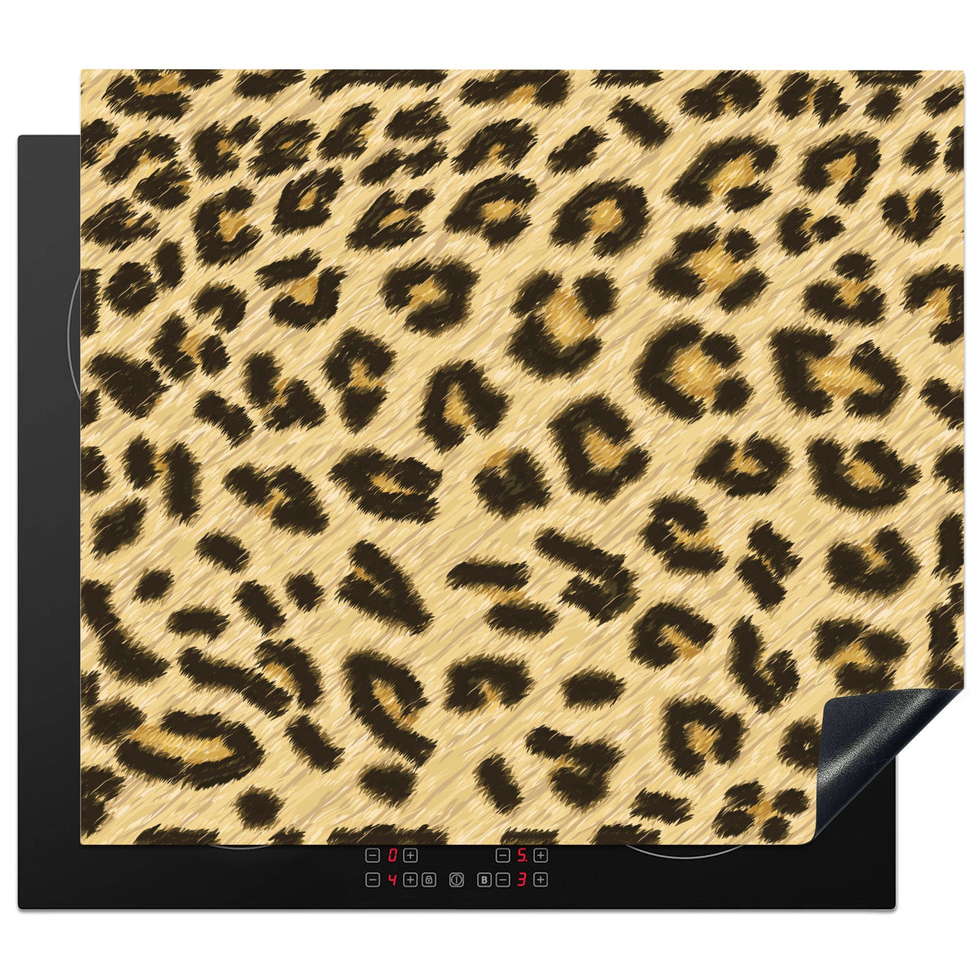 MuchoWow Herdblende-/Abdeckplatte Eine Nahaufnahme eines illustrierten Leopardenfells, Vinyl, (1 tlg), 57x51 cm, Induktionsschutz, Induktionskochfeld, Ceranfeldabdeckung