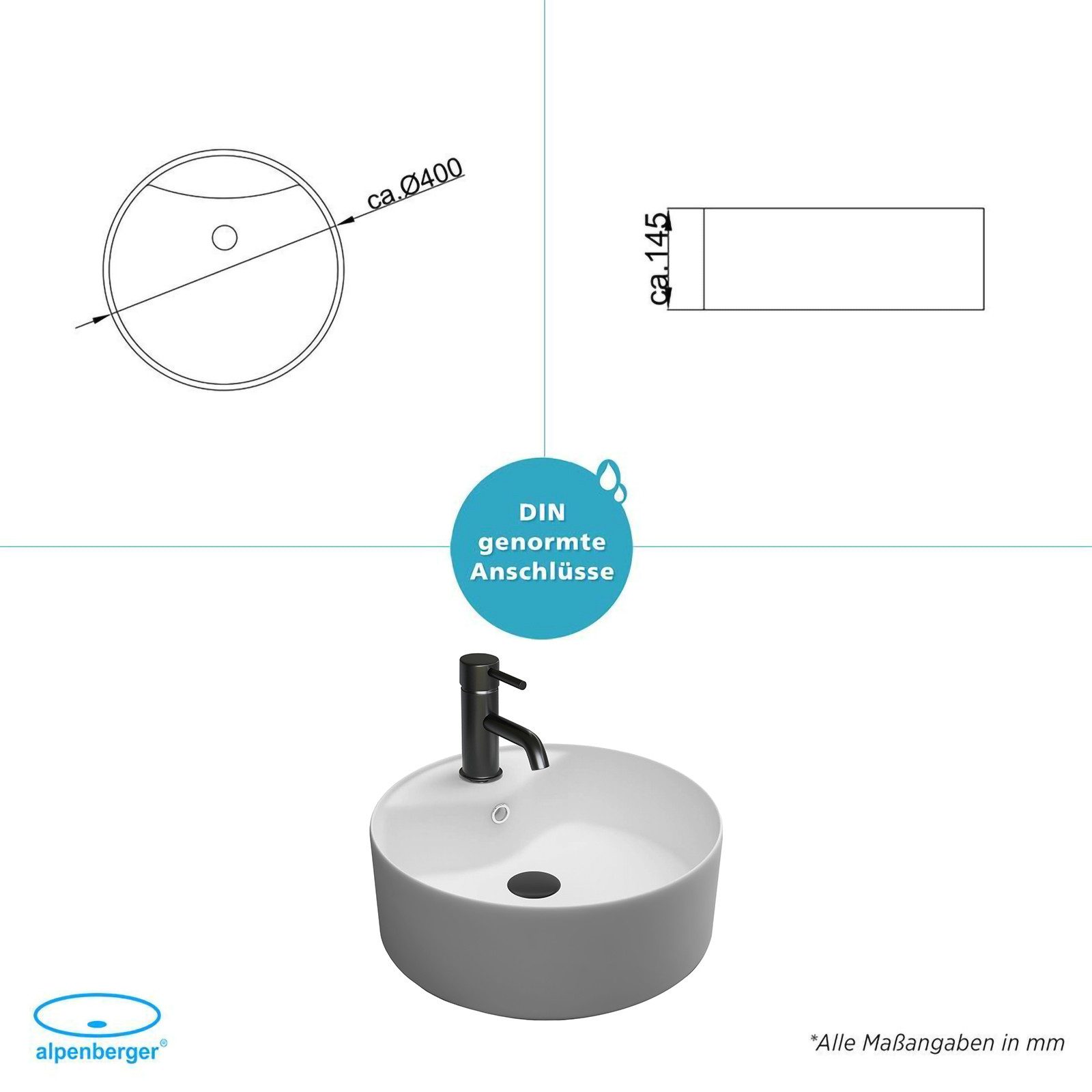 Alpenberger Aufsatzwaschbecken Rund - Mini Waschbecken Klein - Waschtisch Waschschüssel Waschschale (1-tlg., 1-St., Handwaschbecken), Aufsetzbare Washbasin pflegeleicht & hygienisch mit Lotuseffekt. Reduzierter Preis € 94,95. Unverbindliche Preisempfehlung € 199,90, (€ 94,95 pro 1 Stk)