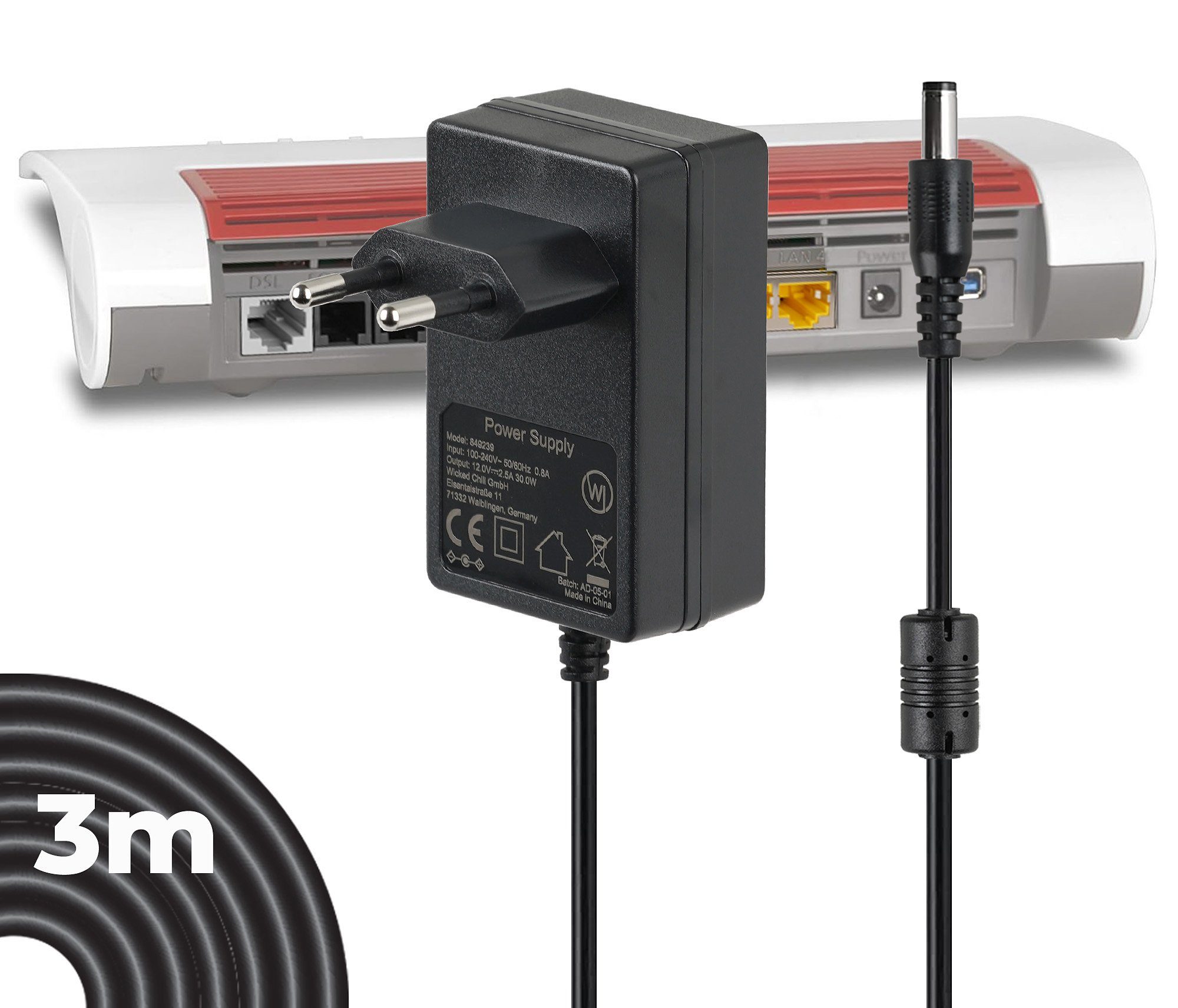 Wicked Chili 3m Netzteil für FRITZBox 7590AX Fritz!Repeater 6000 Netzteil (2,500mA Ersatz für 12V Netzteile 311P0W134, 311P0W135, 311P0W165, 311P)