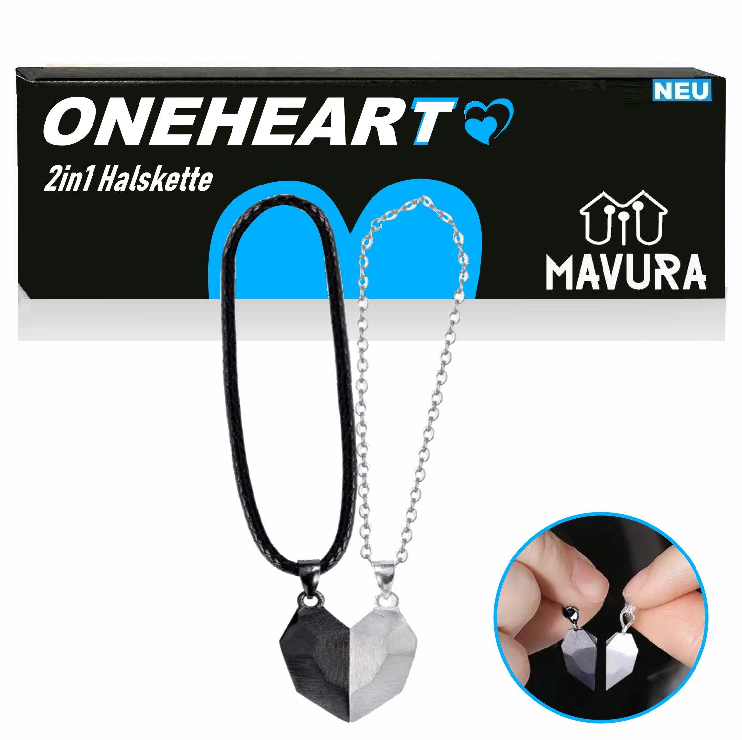 MAVURA Kette mit Anhänger ONEHEART Magnet Herz Doppel Kette 2in1 Damenhalskette Herrenhalskette (Halskette Partner Pärchen Ketten Geschenk), Valentinstag Geburtstag Hochzeit Verlobung schwarz silber