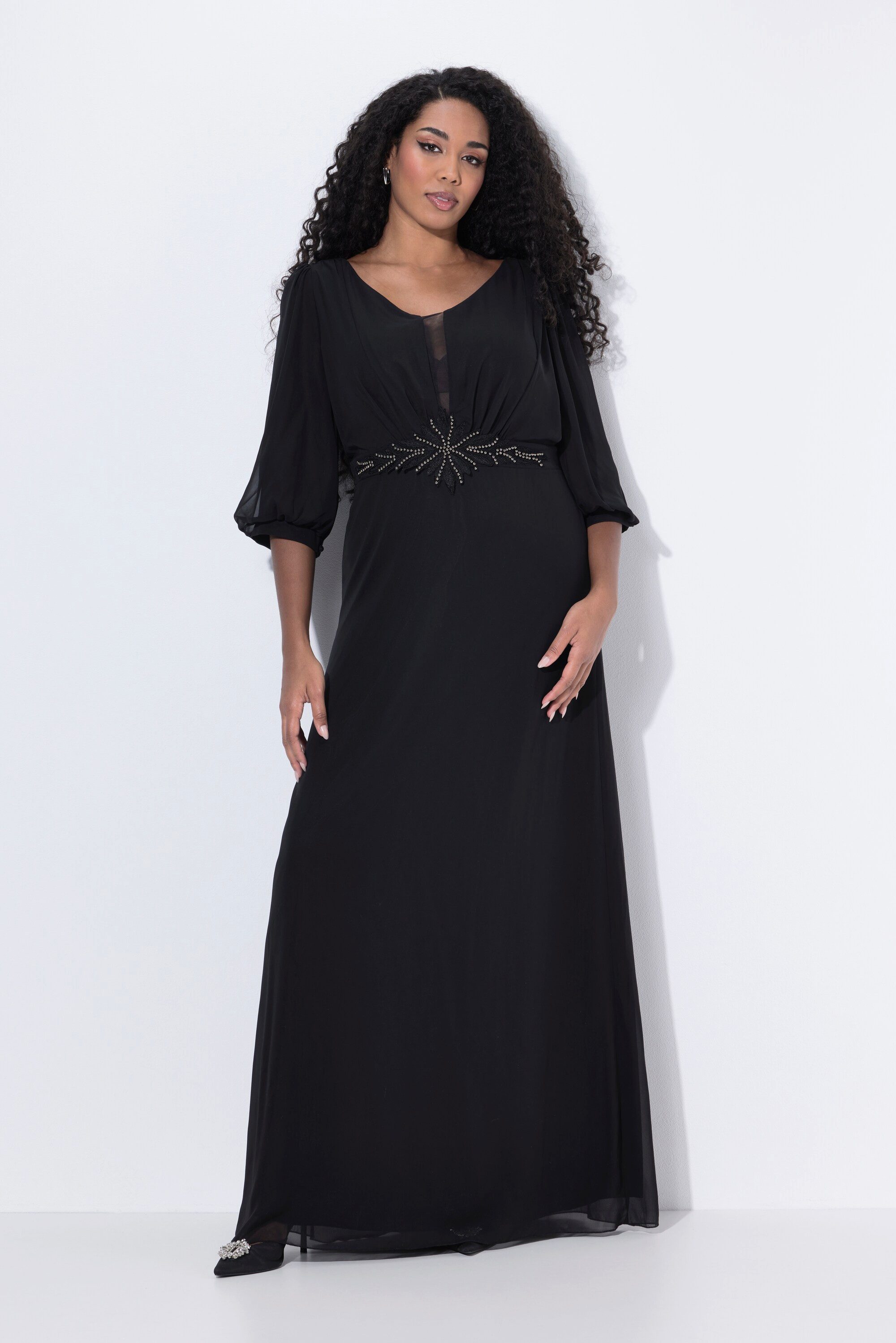 Ulla Popken Cocktailkleid Chiffon-Maxikleid doppellagig V-Ausschnitt günstig online kaufen