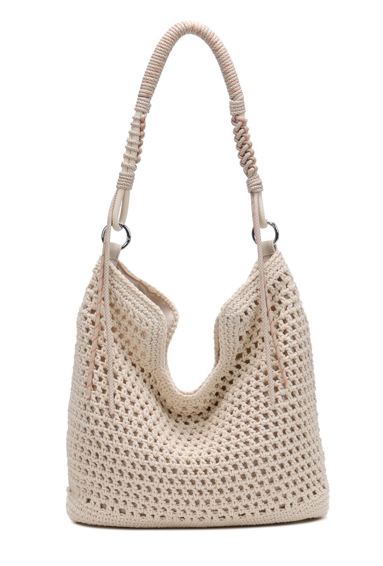 ITALYSHOP24 Schultertasche DAMEN TASCHE Hobo Shopper Häkeltasche Boho Geflecht Freizeit Urlaub, Sommer Basttasche Strand Reise Beuteltasche Stroh Handtasche Kordel