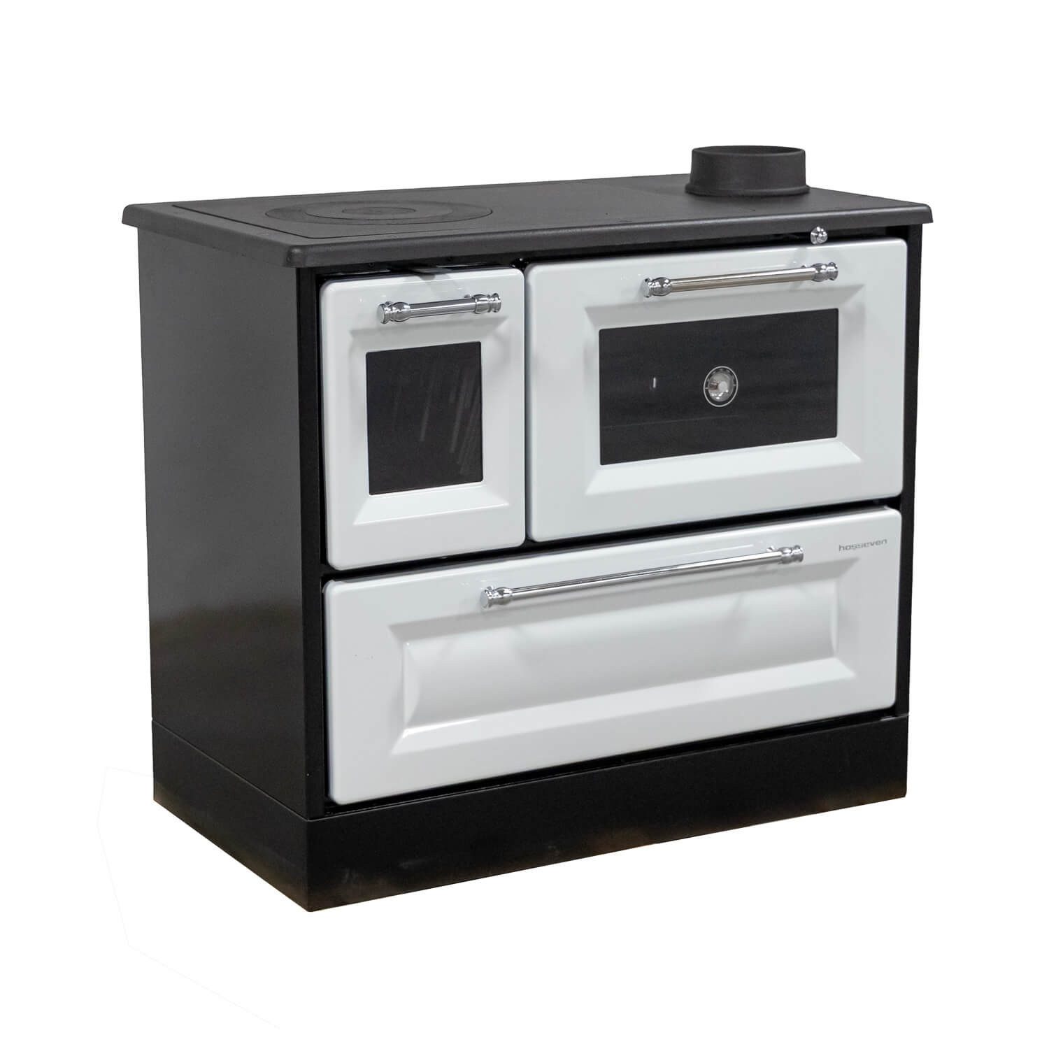 Hosseven Kaminofen mit Backfach und Herdplatte 4012 Weiß Holzofen 8 kW Holz Ofen, 7.7 kW, Dauerbrand, Ofen Mehrfachbelegung Kamin Heizofen Küchenherd