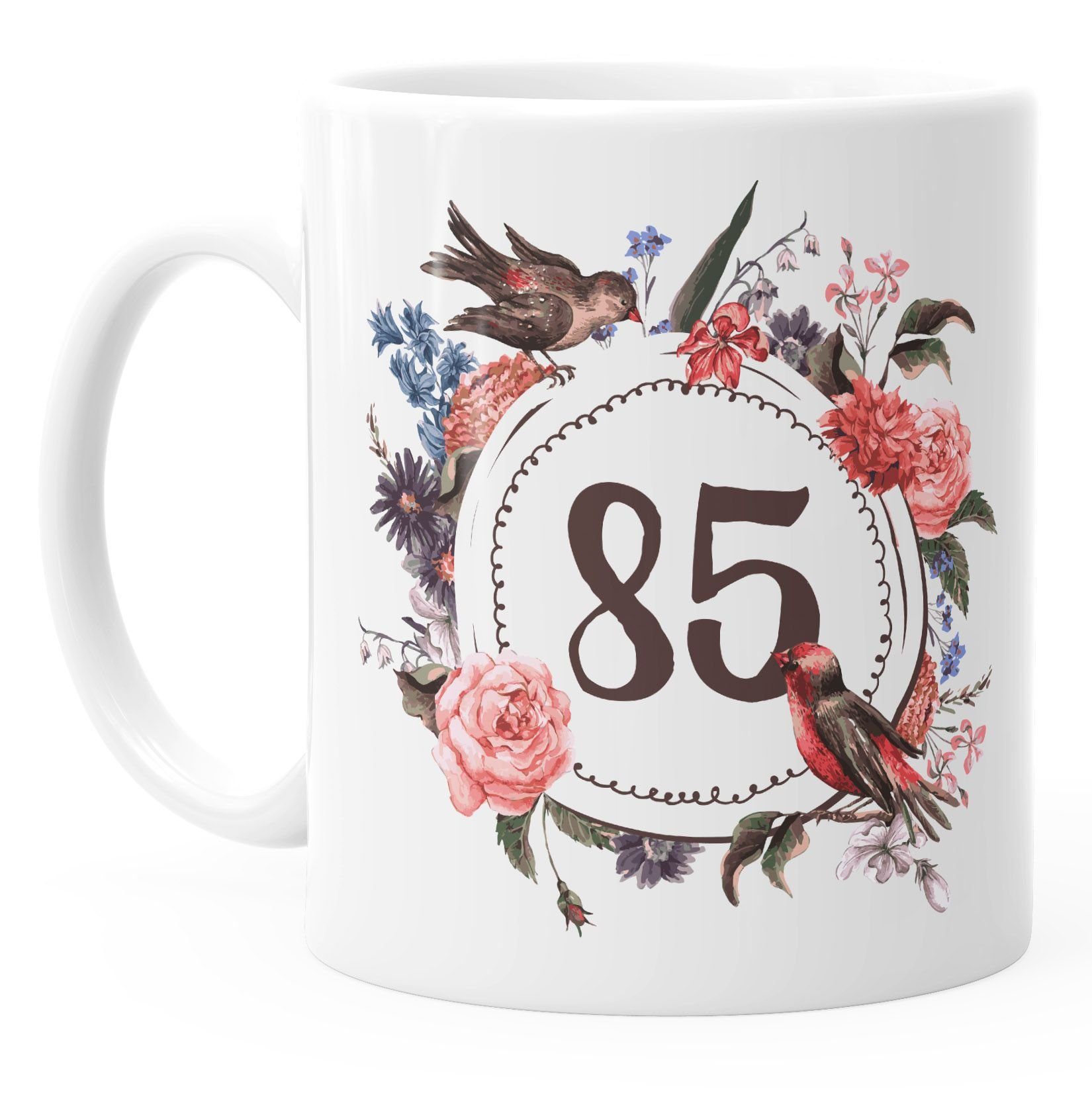 Geburtstags-Tasse [object Object]_ausgeschrieben} 85 Keramik {[object MoonWorks Geschenk-Tasse Blüten Tasse MoonWorks®, Kaffee-Tasse weiß Blumenkranz Blumen Object]