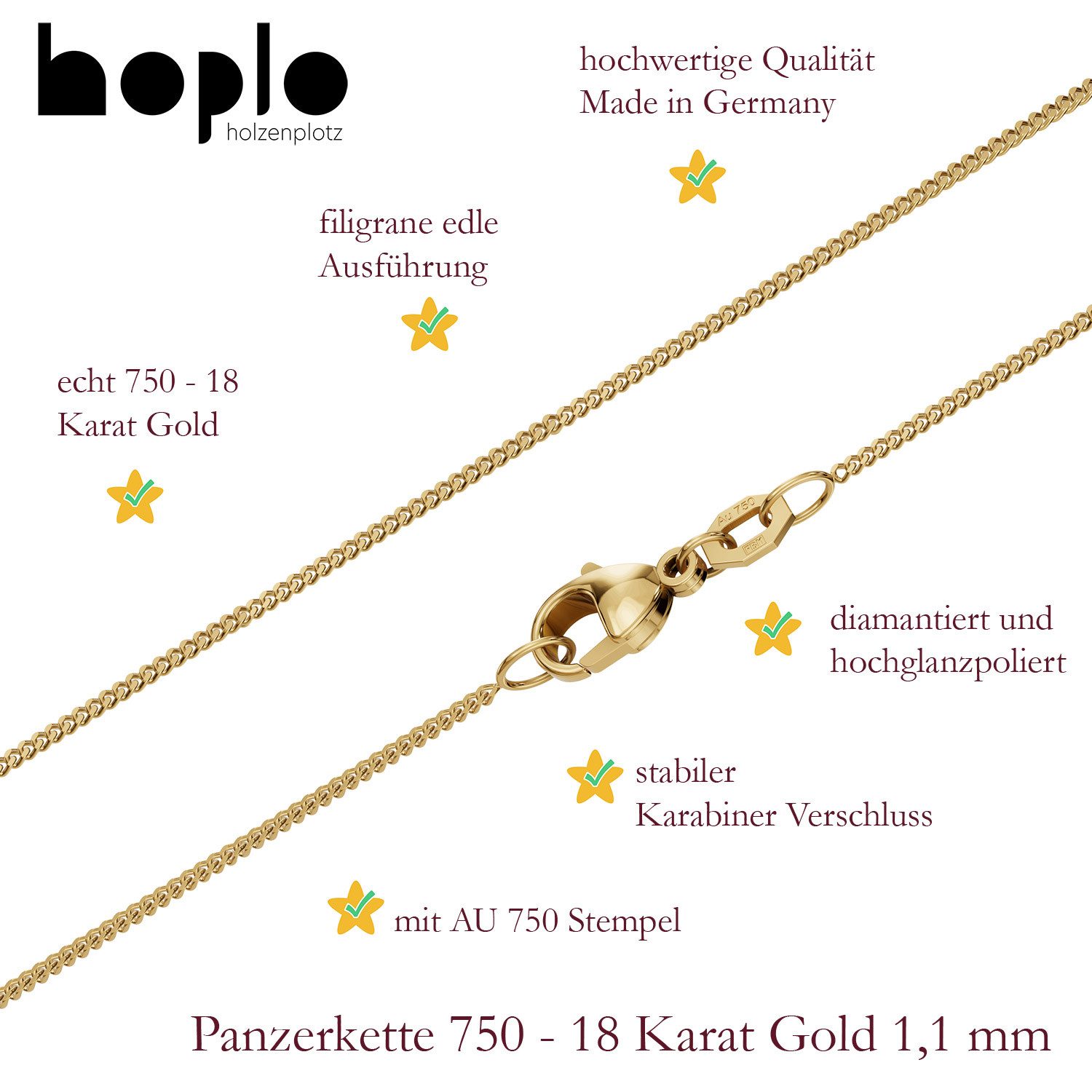 HOPLO Panzerkette Goldkette Panzerkette Länge 38cm - Breite 1,1mm - 750-18 Karat Gold, Made in Germany