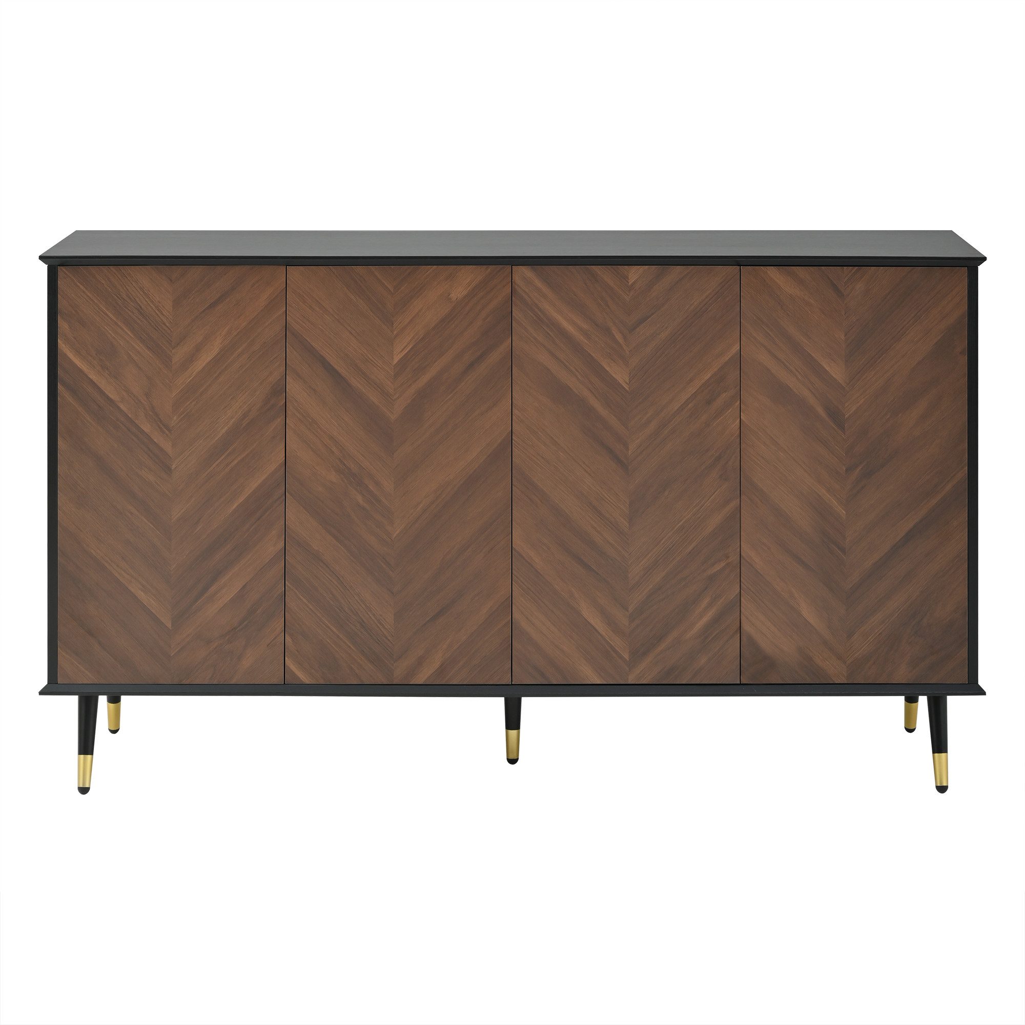 Merax Sideboard Fischgrätmuster Wohnzimmerschrank Buffet Schrank (140 x 40 x 80 cm, 1 St), Kommode mit 4 Türen, Stauraum, Metallbeine & Verstellbaren Regalen – Bild 5 von 5