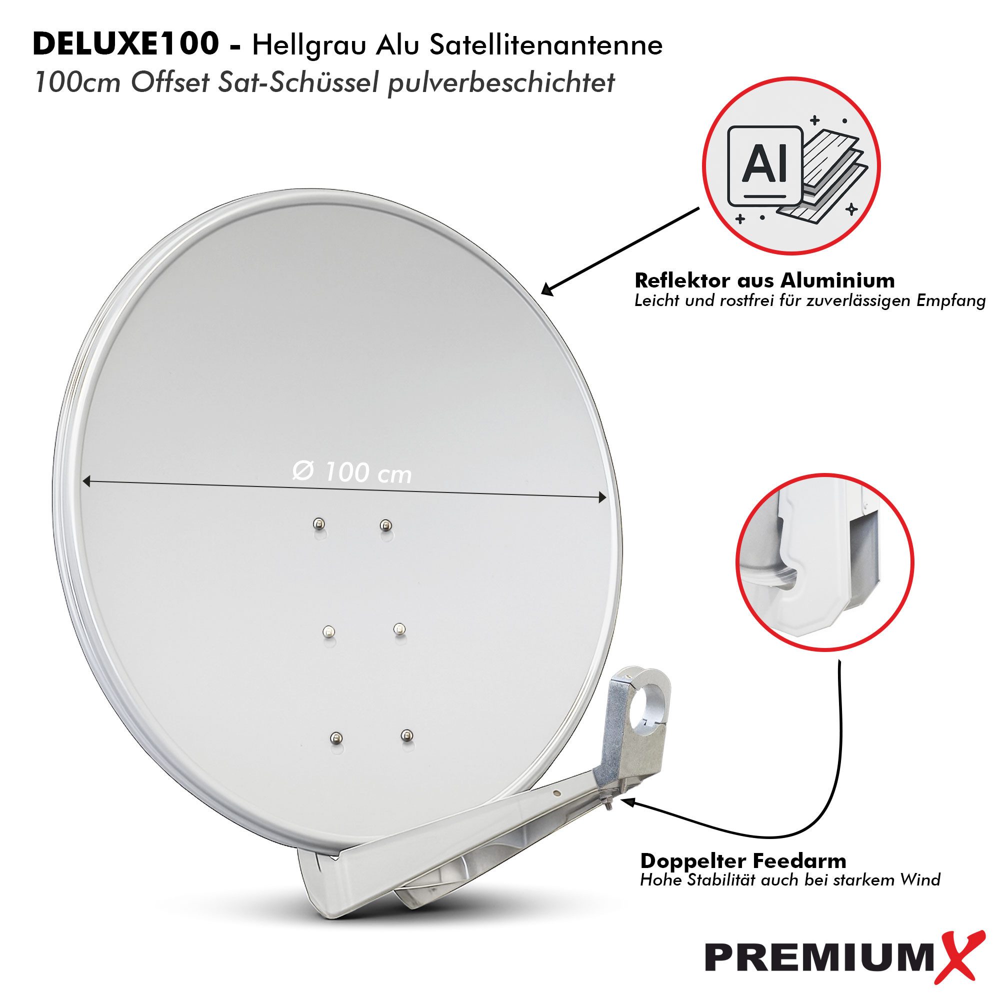 PremiumX DELUXE100 Satellitenantenne 100 cm Aluminium Hellgrau SAT-Antenne – Bild 2 von 5