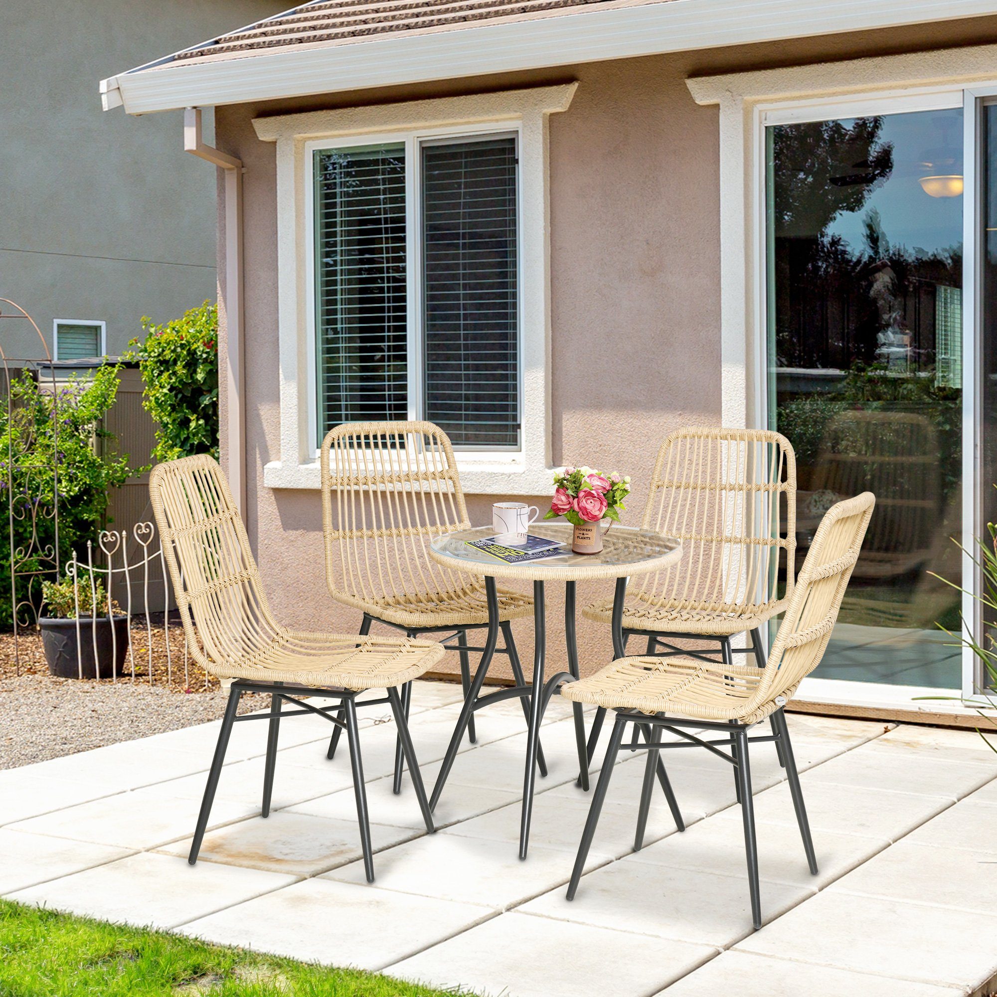 Outsunny Sitzgruppe Polyrattan Esstisch mit 4 Stühlen Gartensitzgruppe mit Beistelltisch, (Essgruppe, 5-tlg., Gartenmöbel Set), Gartenset Outdoor Metall Natur