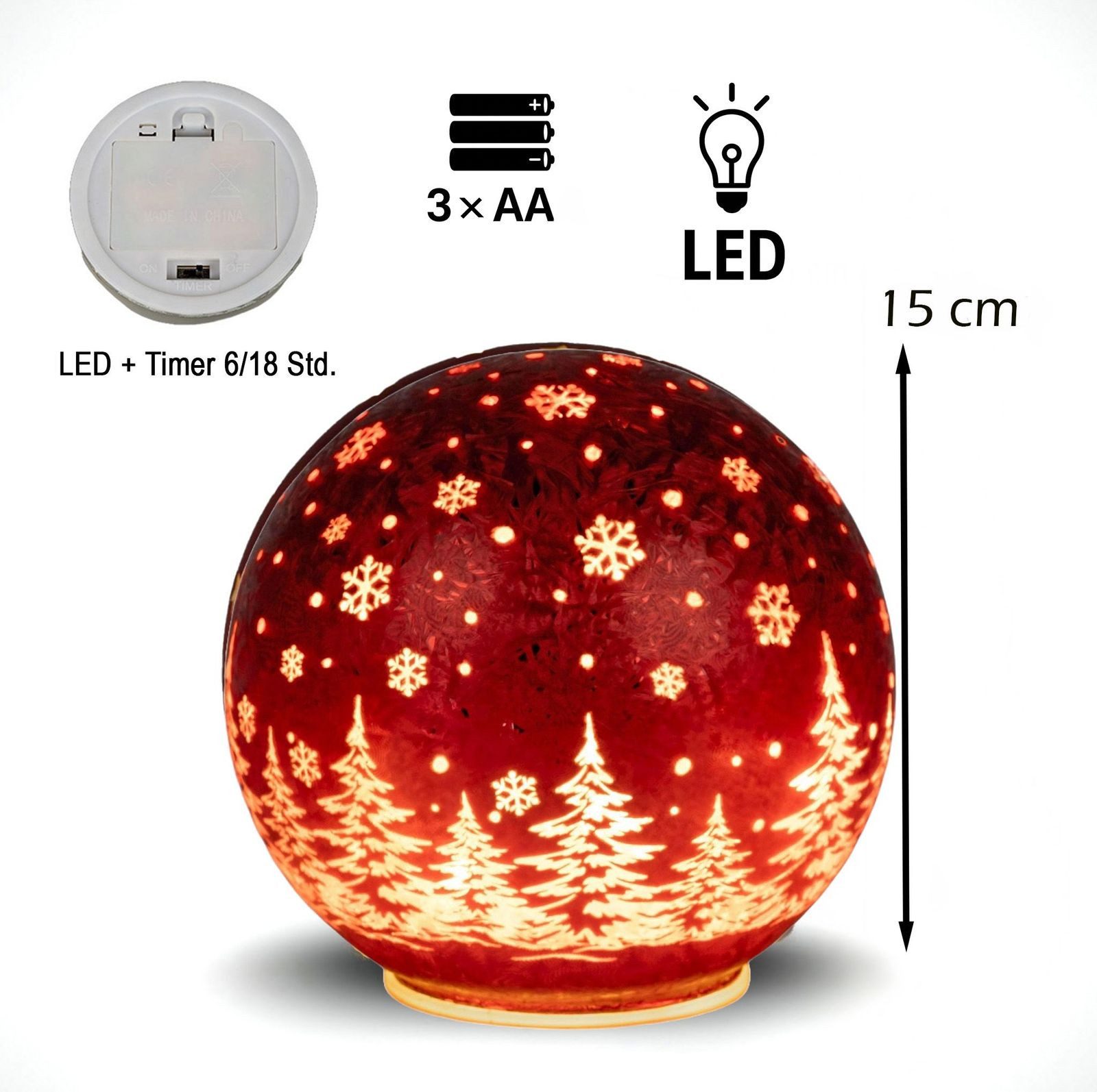 formano LED Dekolicht Glas-Kugel 15cm Frosty Rot Timer 6h/18h Weihnachten Herbst Deloration, LED fest integriert