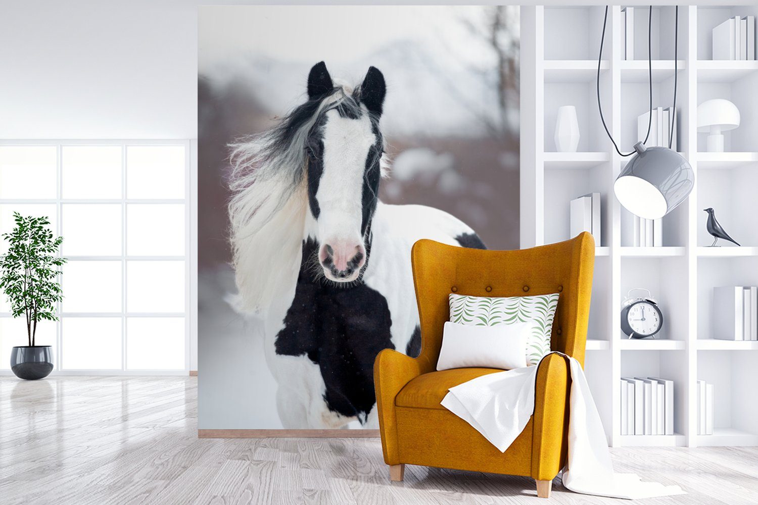 Wohnzimmer, - Fototapete für (4 Porträt, Tapete St), MuchoWow - Schnee Pferd Wandtapete Winter - Matt, bedruckt, Vinyl Montagefertig