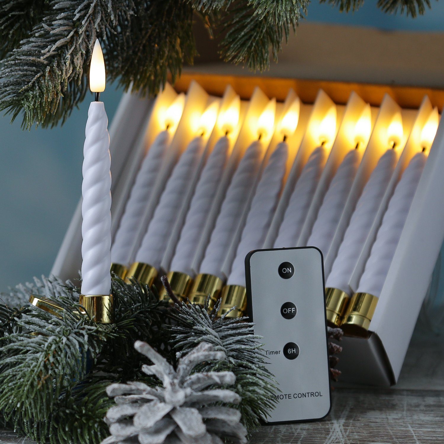 MARELIDA LED-Christbaumkerzen TWIST 10 gedrehte Baumkerzen mit Clip Baumbeleuchtung kabellos Fernb, 10-flammig