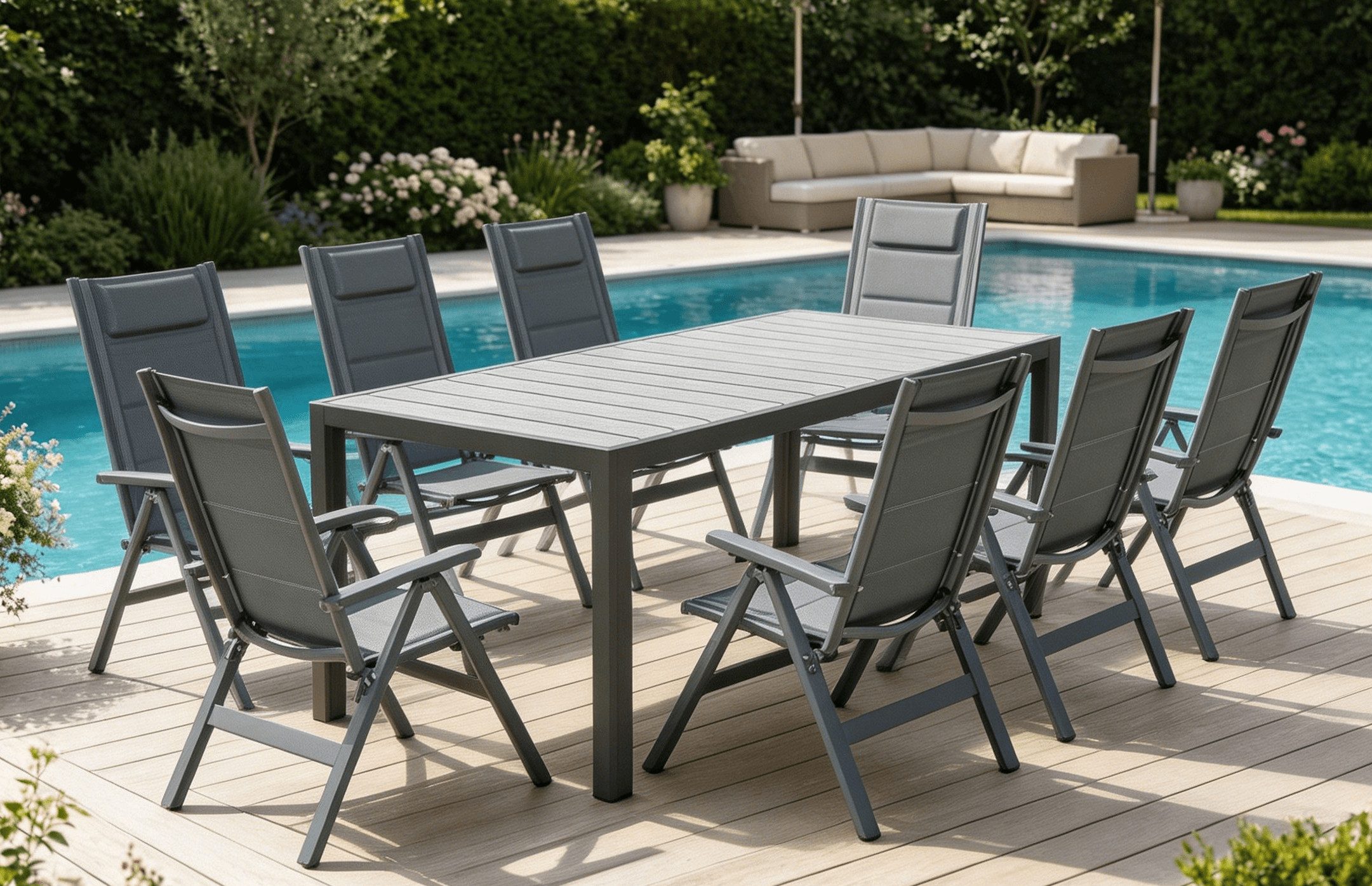 HOMALL Garten-Essgruppe Gartenmöbel Set aus klappbarer Armlehnstuhl und Aluminium Gartentisch, (9-tlg., 8 Klappstuhl (bis 160kg), 1Tisch (bis 100kg), Aluminium, Textilgewebe), Holzoptik Tisch & klappbare Stühle mit 7-fach verstellbarer Lehne
