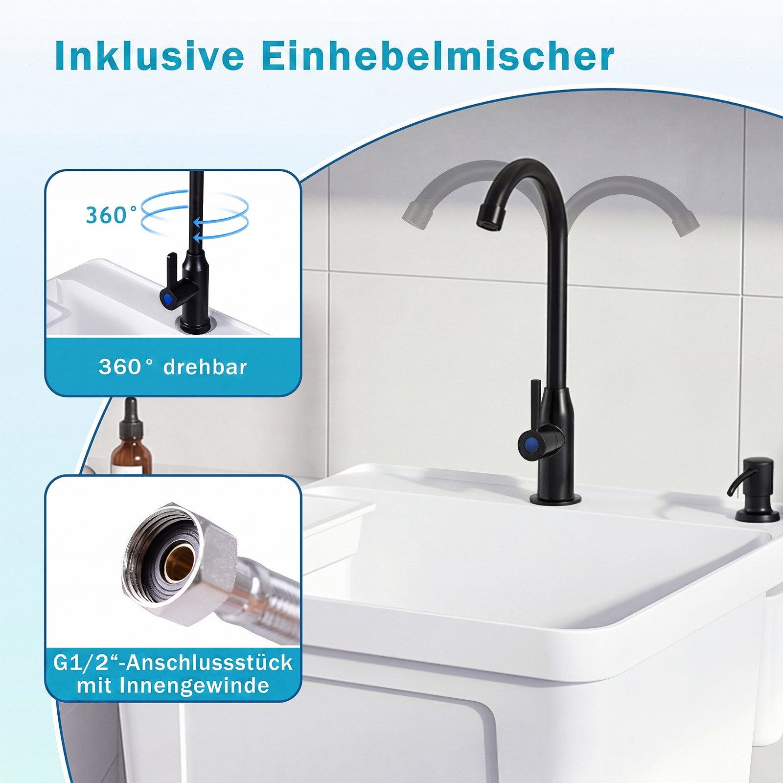 COSTWAY Waschbecken, Mit 360° drehbarem Wasserhahn & unterem Ablagefach
