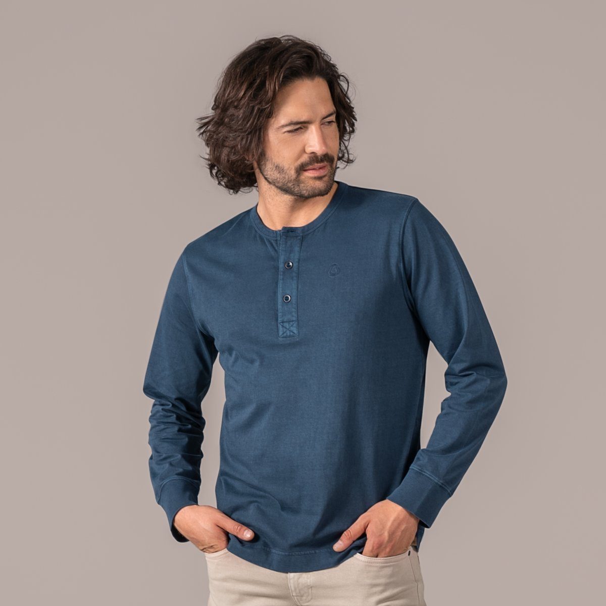 LIVING CRAFTS Langarmshirt mit PAOLO doppellagiger Rundhalskragen Feinripp-Einfassung