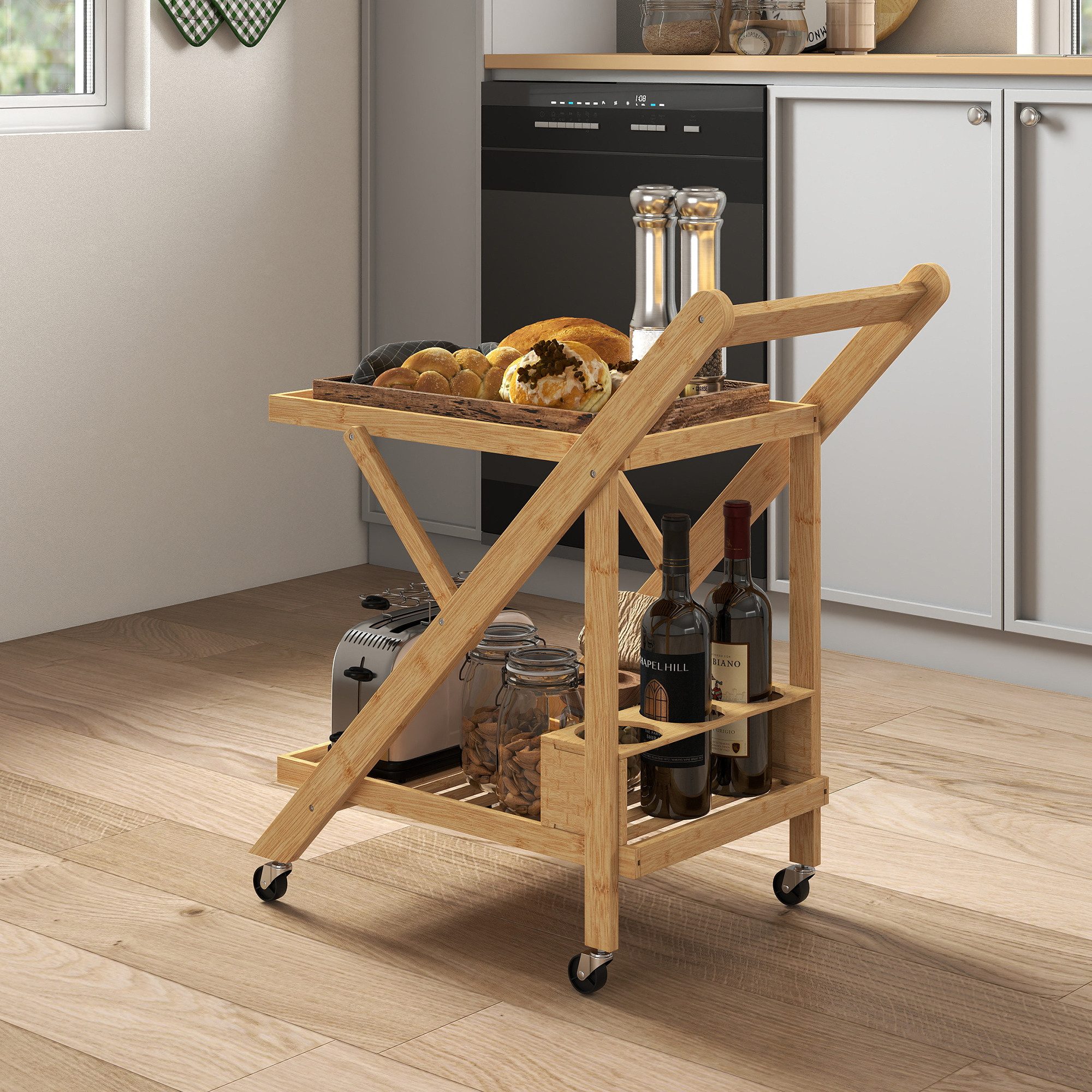 HOMCOM Servierwagen Küchenwagen mit 2 Ebenen, Rollwagen mit Weinregal, klappbar, (Rollwagen, 1 St., Küchenwagen), für Büro, Küche, Wohnzimmer, 66 x 40 x 70 cm, Bambus, Natur