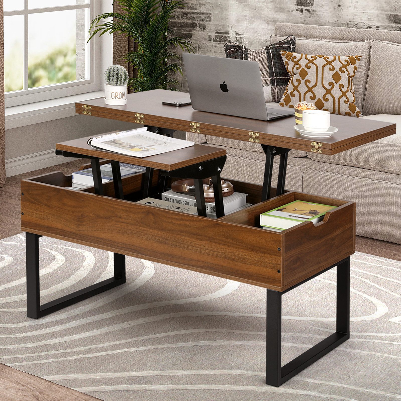 VOWNER Couchtisch 3-in-1 Mehrzweck-Wohnzimmertisch, höhenverstellbar, Esstisch, 100 × 50 × 45 cm/100 × 100 × 45 cm – Bild 3 von 5