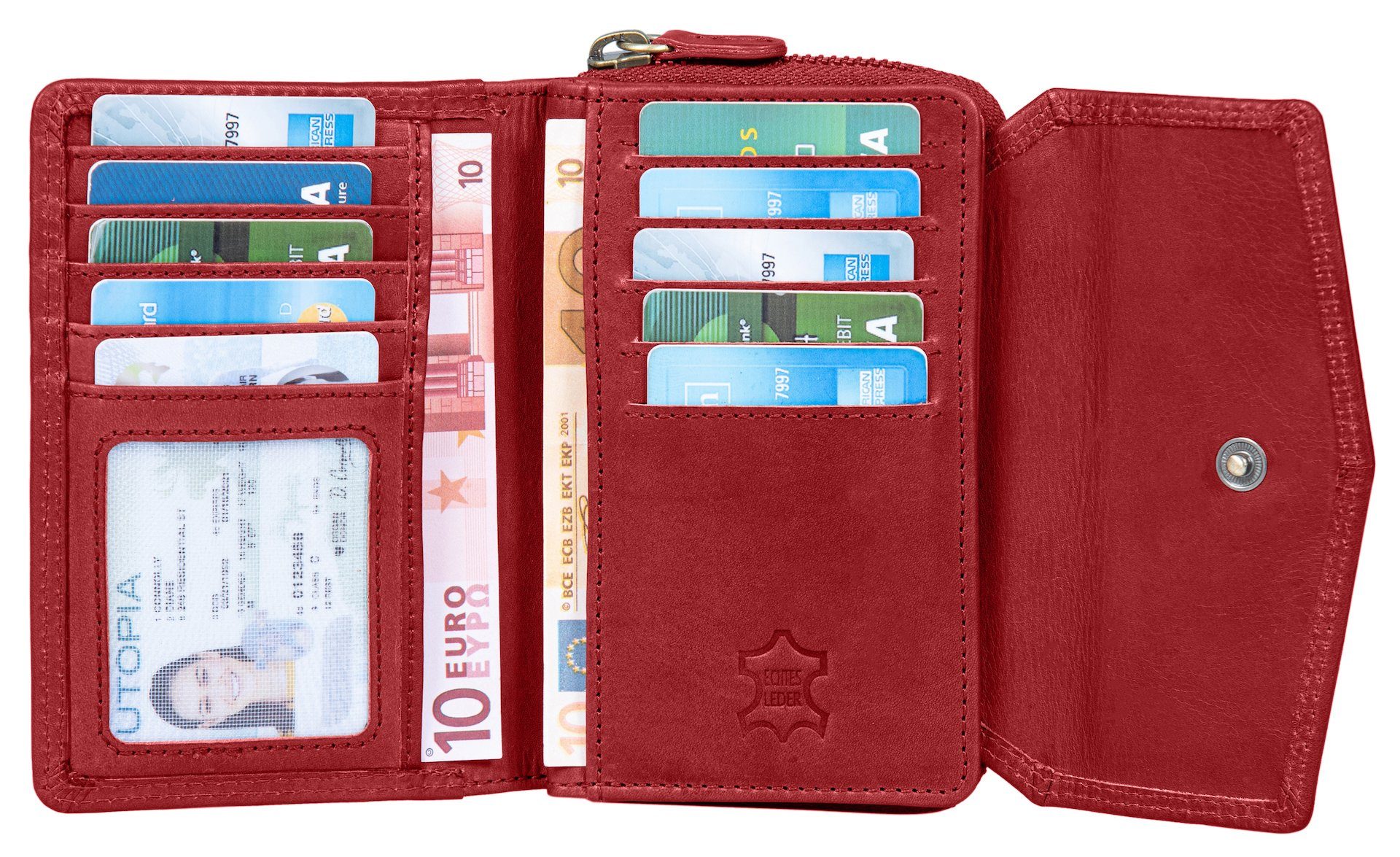 Benthill Portmonee Münzfach Kartenfächer Geldbörse Echt Portemonnaie RFID-Schutz Rot Kreditkartenetui, Damen Vintage Leder Reißverschlussfach