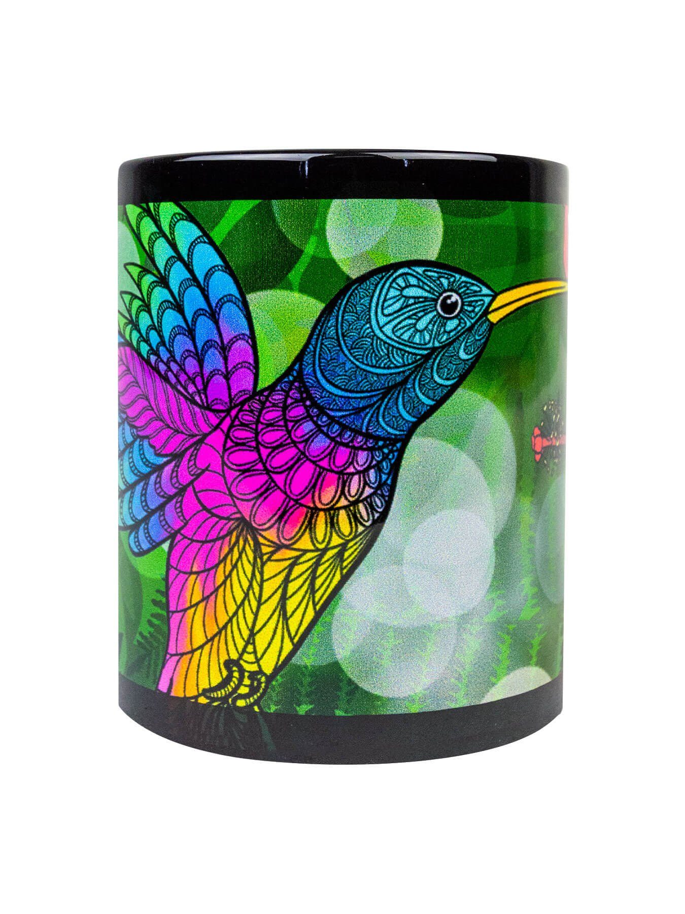 PSYWORK Tasse Fluo Cup Neon Motiv Tasse "Kolibri Hibiskus Flower", Keramik, UV-aktiv, leuchtet unter Schwarzlicht