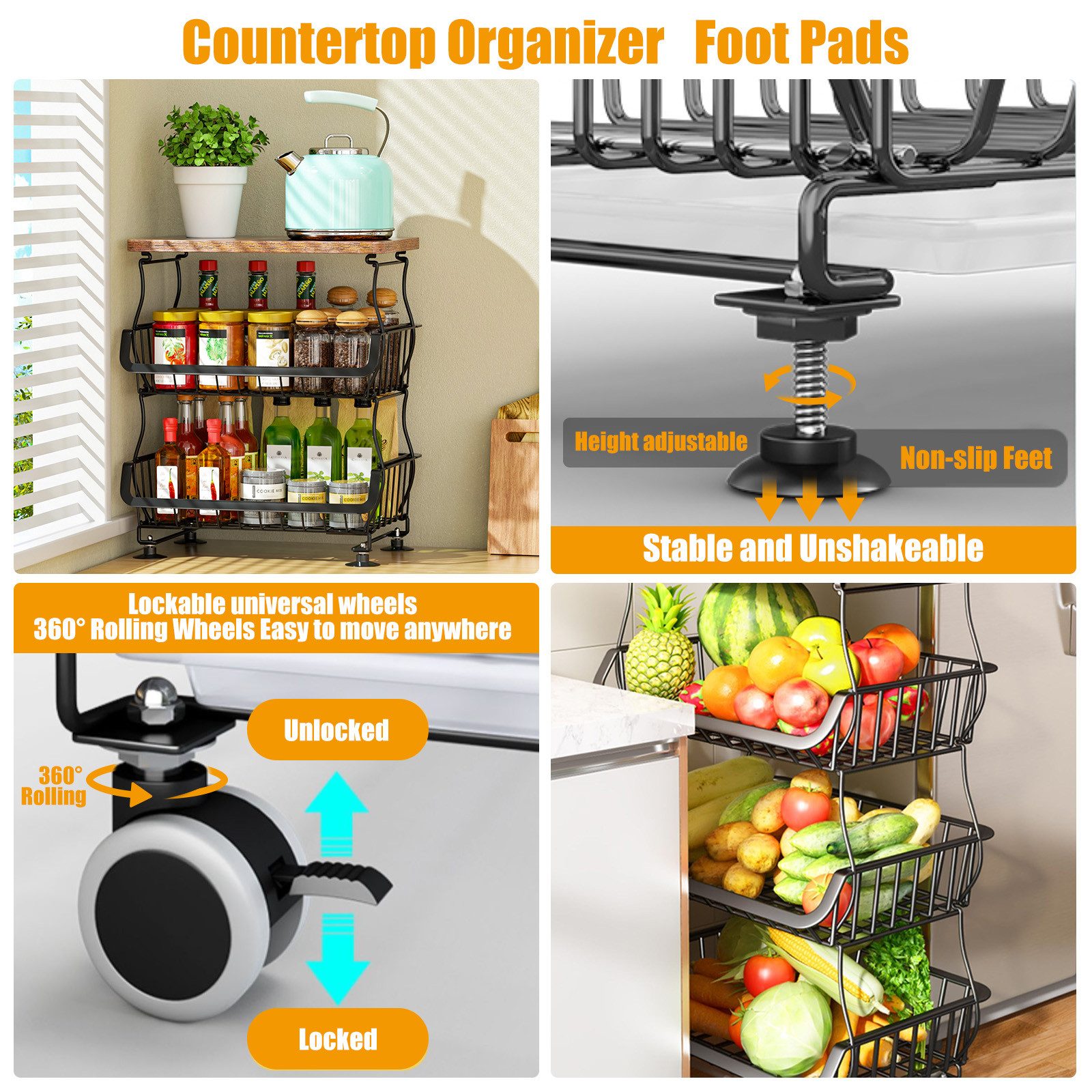 POPOLIC Küchenwagen Gemüseregal Küchenwagen mit Schubladen und Rollen 5-Etagen aus Metall, (Metallwagen mit Rollen), 4 Schubladen + Holzplatte + Feststellbare Rollen