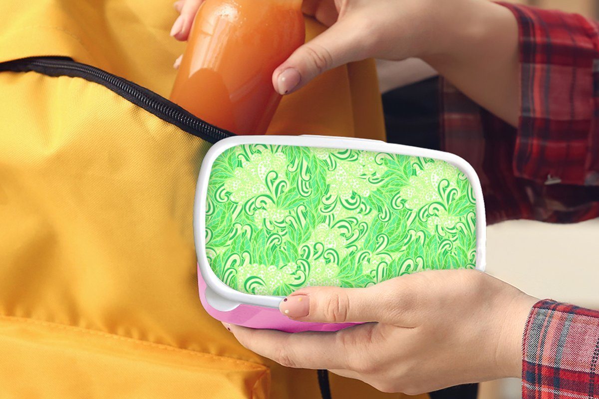 - Grün, Brotdose Lunchbox Snackbox, - rosa - für Kinder, MuchoWow Kunststoff, Kunststoff Brotbox Erwachsene, Mädchen, (2-tlg), Muster Abstrakt Blätter