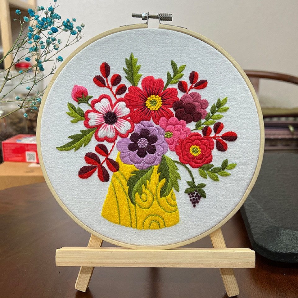 101DIYStudio Kreativset Stickset Anfänger Blumen, Stickerei Erwachsene, Geschenk Geburtstag, (Vorgedrucktes Motiv)