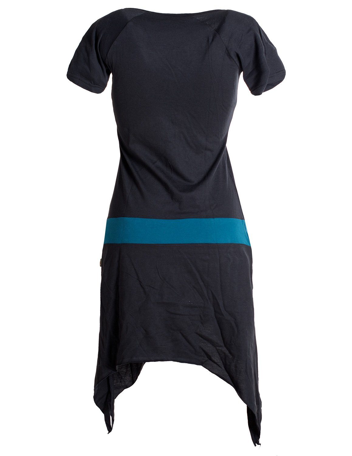 Sommerkleid Hippie Baumwolle Tunika, schwarz-türkis Longshirt, Einfaches Zipfelkleid Vishes kurzärmliges aus Style