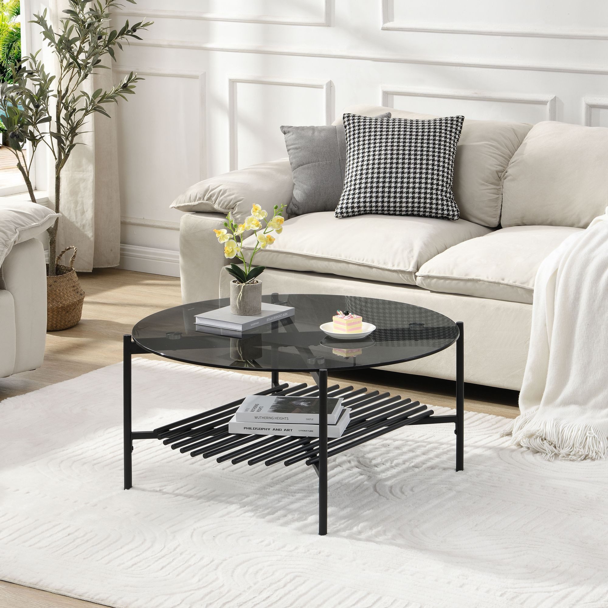 FINEBUY Couchtisch FB111842 Wohnzimmertisch Glas Metall 80 cm Schwarz Rund Sofatisch (Sofatisch Glas Rund 80 cm Schwarz Industrial), Wohnzimmertisch mit Ablage, Metallgestell Modern