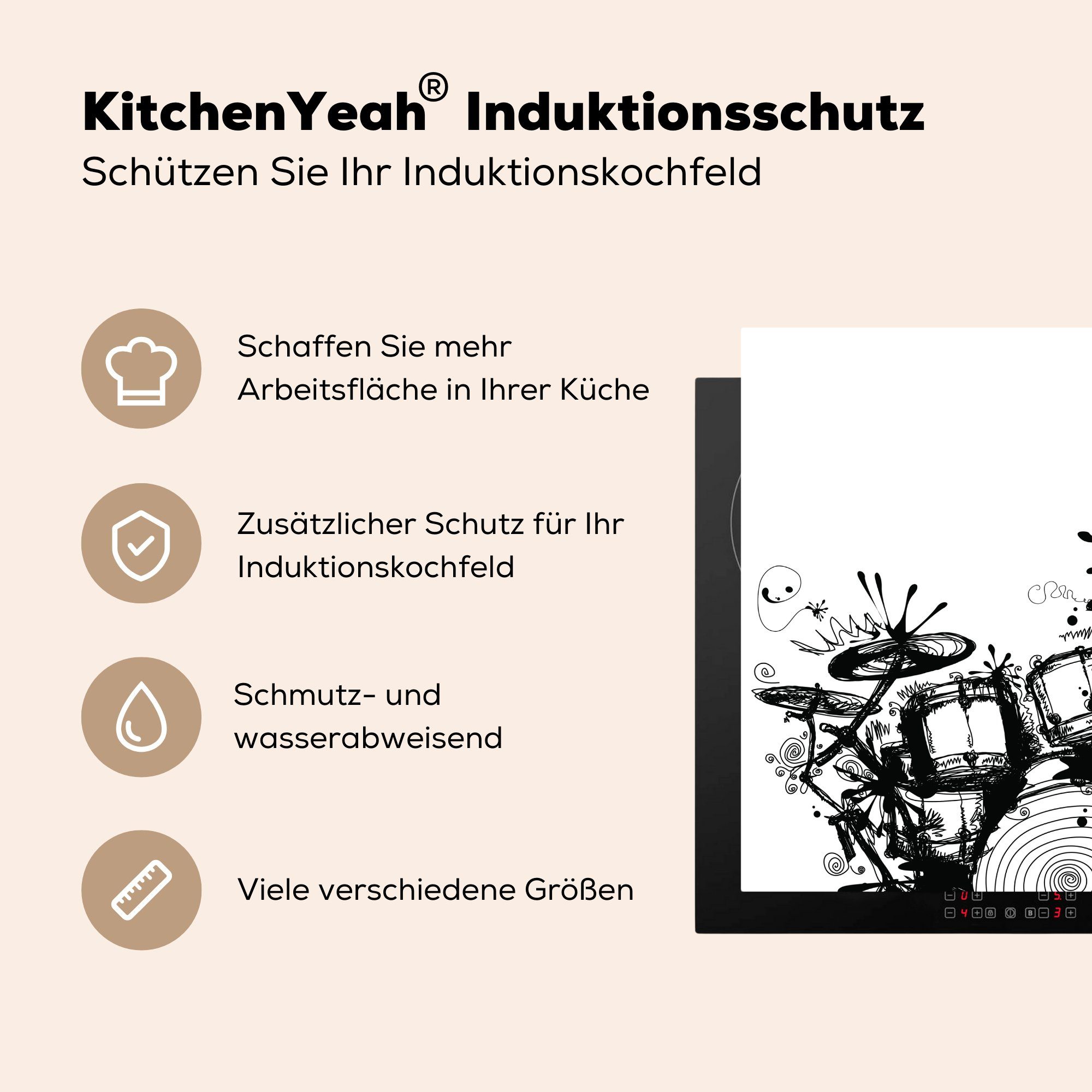 MuchoWow Herdblende-/Abdeckplatte Schwarze küche Vinyl, (1 cm, für und Schlagzeugs, 78x78 Illustration Ceranfeldabdeckung, Arbeitsplatte tlg), weiße eines
