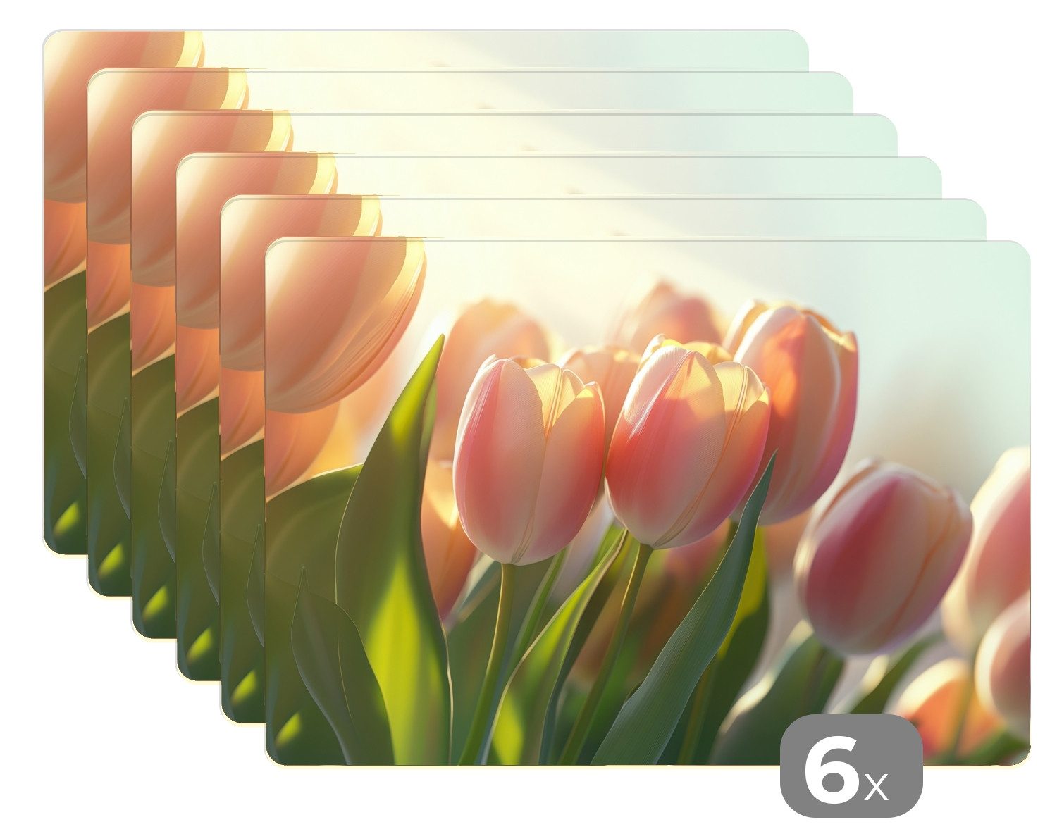 MuchoWow Platzset Tulpen - Rosa - Sonnenstrahlen, (6-St), Platzsets, Tischset, Abwaschbar, Tischsets, Platzdeckchen