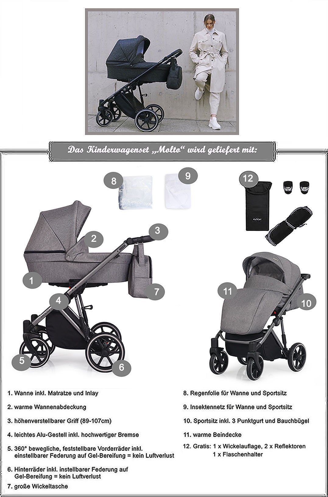 in Teile schwarzes 14 12 Geburt Creme von = bis in Jahre Molto Gestell 4 - babies-on-wheels 2 Kombi-Kinderwagen Designs - 1