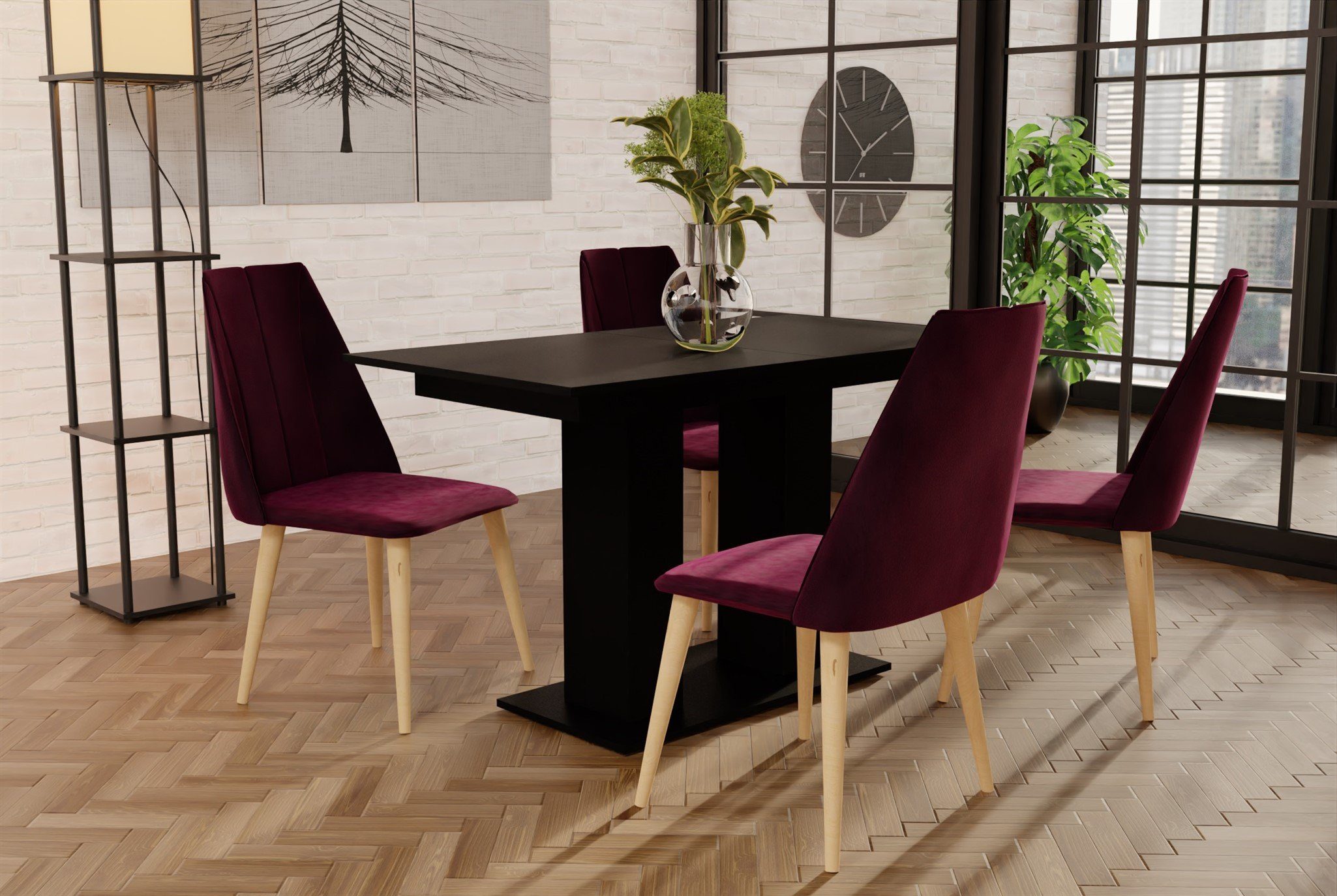 Fun Möbel Essgruppe Essgruppe CAROS mit 4 Stühlen und Tisch DANTE Schwarz matt, (5-tlg), ausziehbarer Tisch Bordeaux