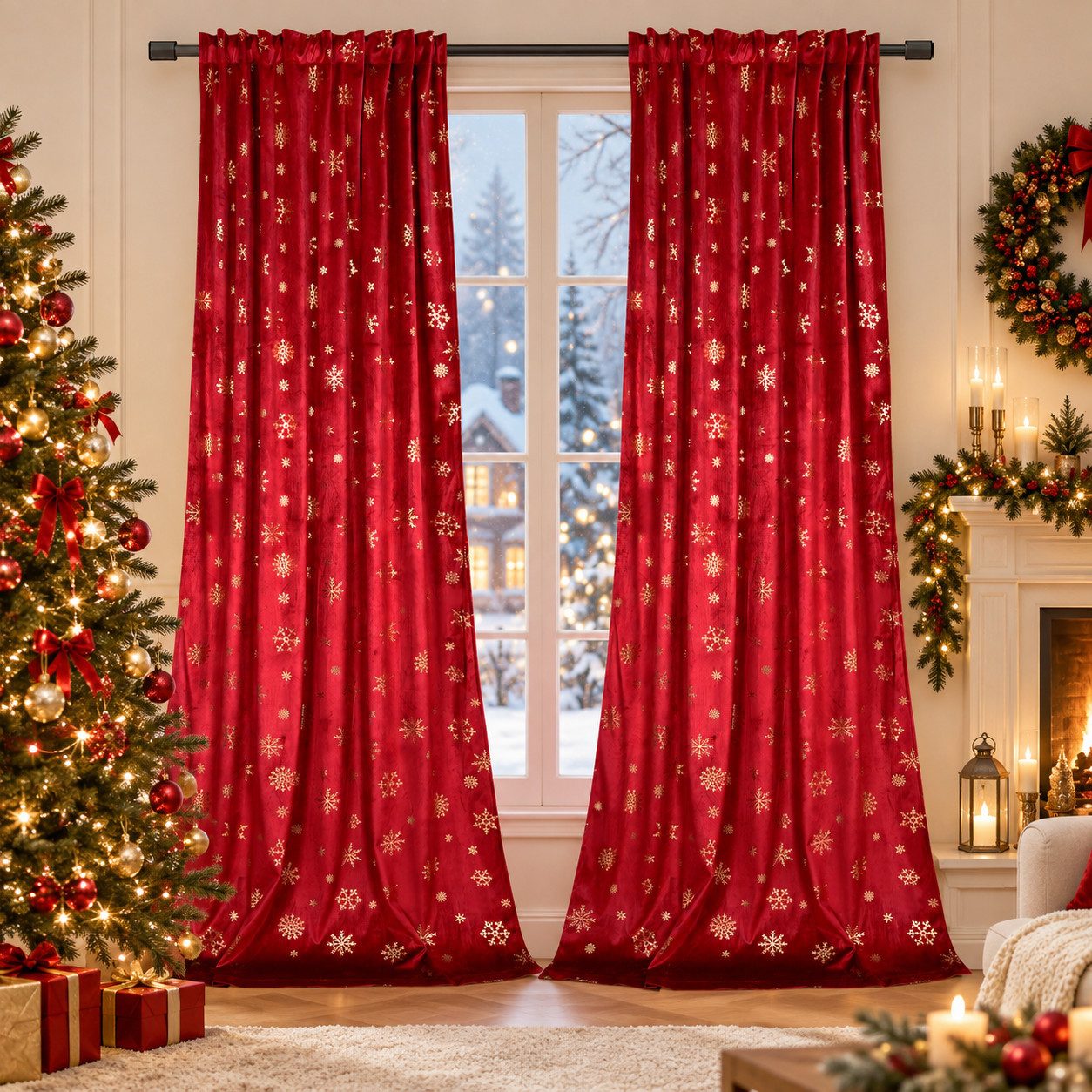 LMaxhome Verdunkelungsvorhang Weihnachtsvorhang Samt 2er Set, blickdicht, Rot/Grün, Schneeflocken, Thermovorhang für Wohn- & Schlafzimmer, lichtreduzierend, 132 cm breit