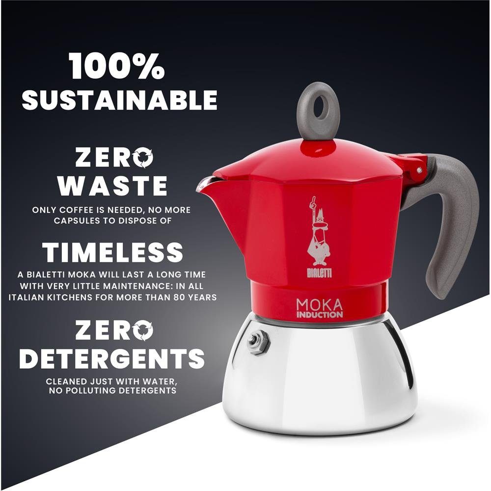 Aluminium/Stahl, Moka New Herd Rot Espressokocher Kaffeekanne, für Camping, und Tassen, Induktion 6 BIALETTI geeignet, 0,28l für