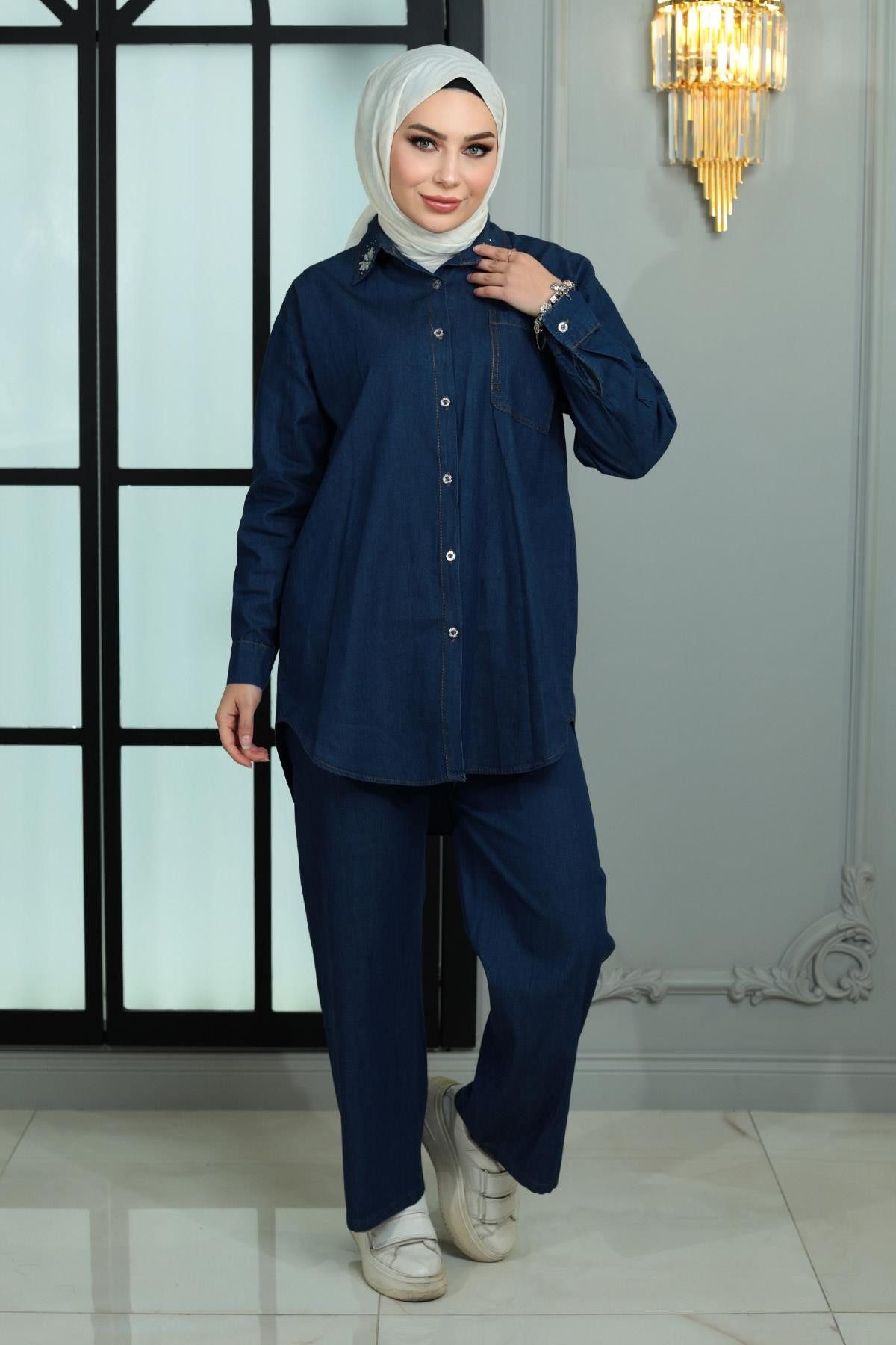 Tunika Nieten-Denim-Set - Dunkelblau MSW19183-2