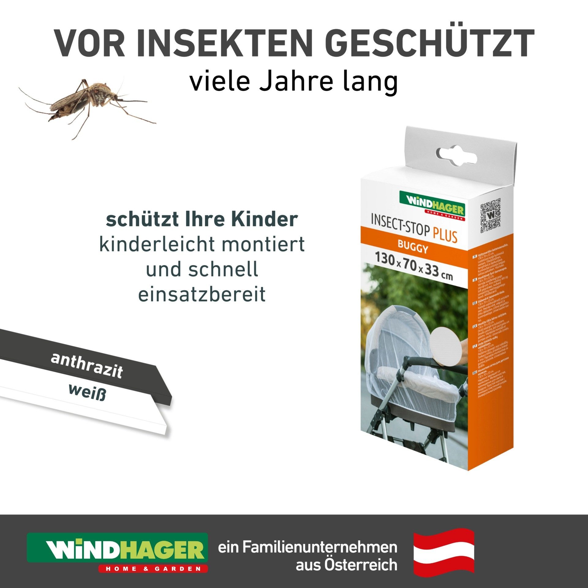 Windhager Kinderwagen-Insektenschutz für Buggy oder Babyschale, Fliegengitter Licht- und Luftdurchlässig (1 St), Mückennetz feinmaschig mit Gummizug, 130 x 70 x 33 cm, anthrazit