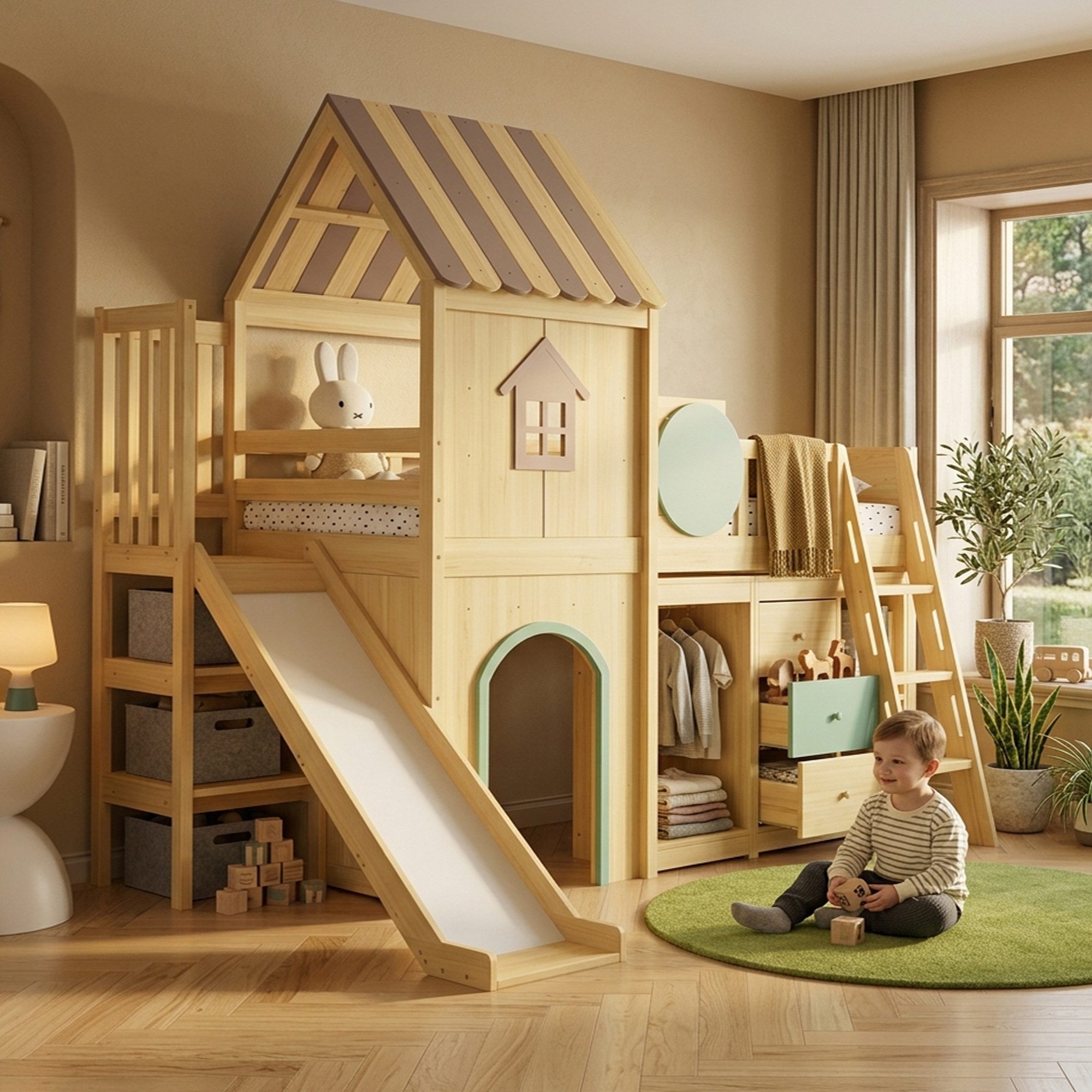 KLAM HOME Kinderbett Haus-Hochbett 90x200cm Natur-Grün mit Rutsche & Treppe (Kinder-Etagenbett aus Kiefer & MDF mit herausnehmbarem Stauraum), Spielbett mit Kleiderschrank und Schubladen für das Kinderzimmer
