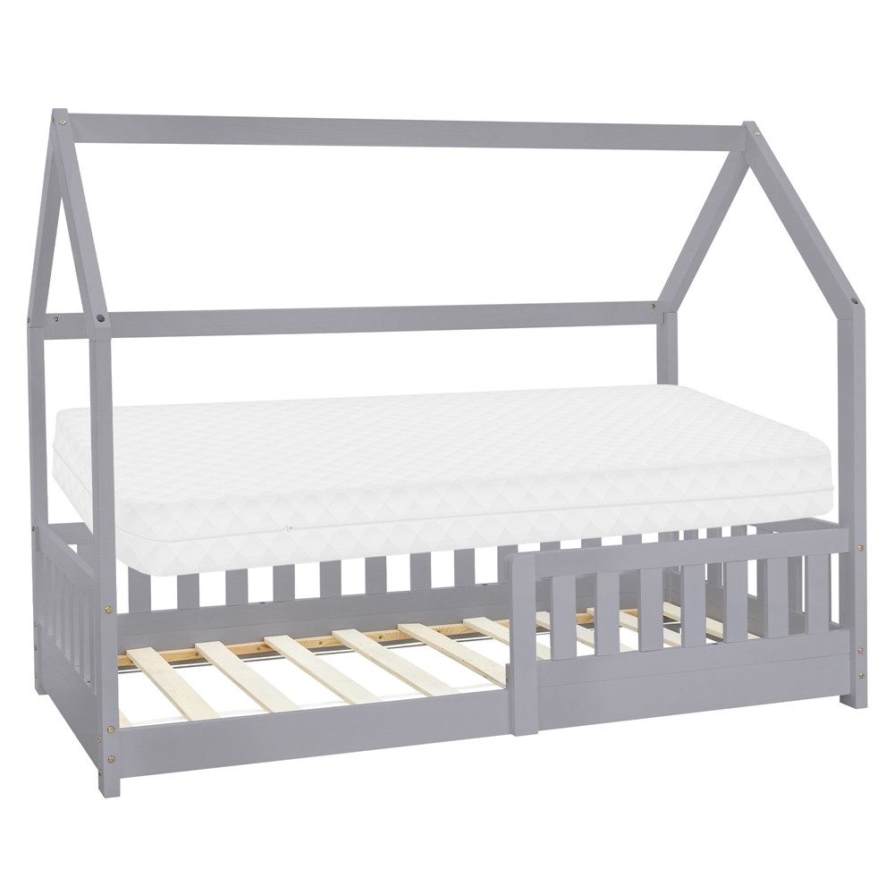ML-DESIGN Spielbett Hausbett Kinderbett inkl. Lattenrost kreativ Bodenbett für Kinder, Abenteuerbett mit Rausfallschutz Kiefer Hellgrau Himmelbett Bettenhaus
