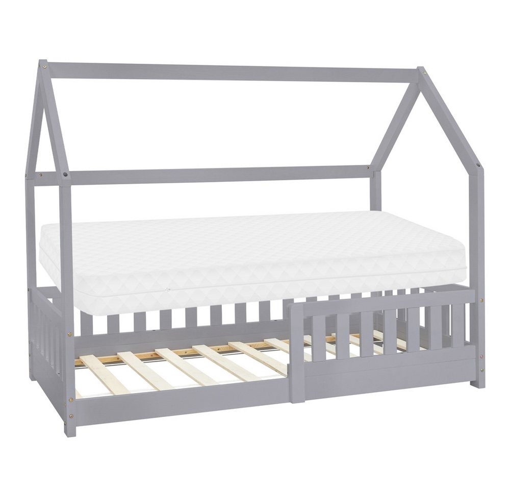 ML-DESIGN Spielbett Hausbett Kinderbett inkl. Lattenrost kreativ Bodenbett für Kinder, Abenteuerbett mit Rausfallschutz Kiefer Hellgrau Himmelbett Bettenhaus