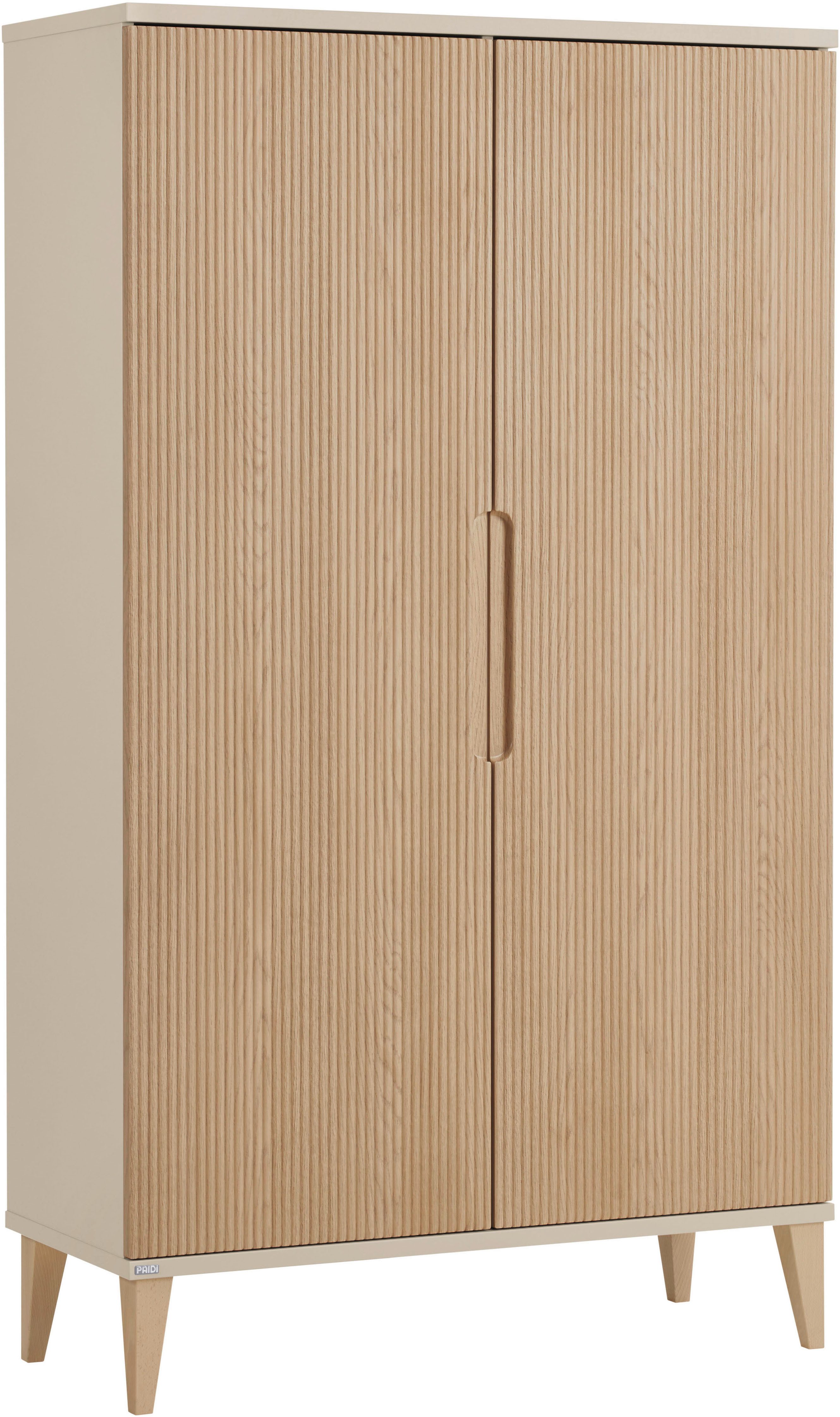 PAIDI Kleiderschrank JONTE in Beige & Eichefarben mit gerillten Türen, verschiedene Größen (B/H/T ca. 95-141/164-207/40-56cm, mit 2 oder 3 Türen + Tiny-Variante) stabiler Drehtürenschrank mit Massivholz-Füßen, Soft-Close-Funktion