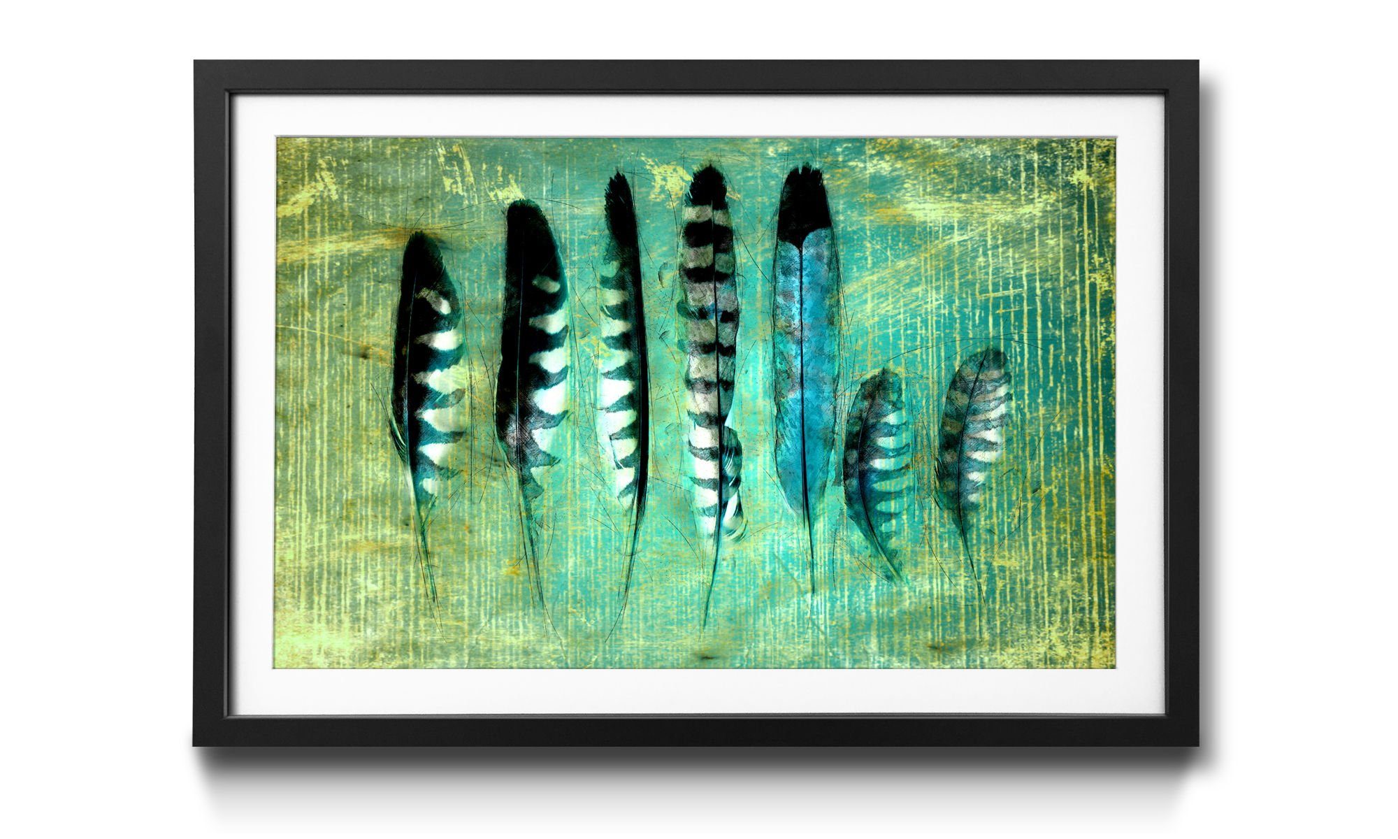 WandbilderXXL Blue Bild 4 erhältlich in Größen Vogelfedern, Feathers, mit Rahmen Wandbild,