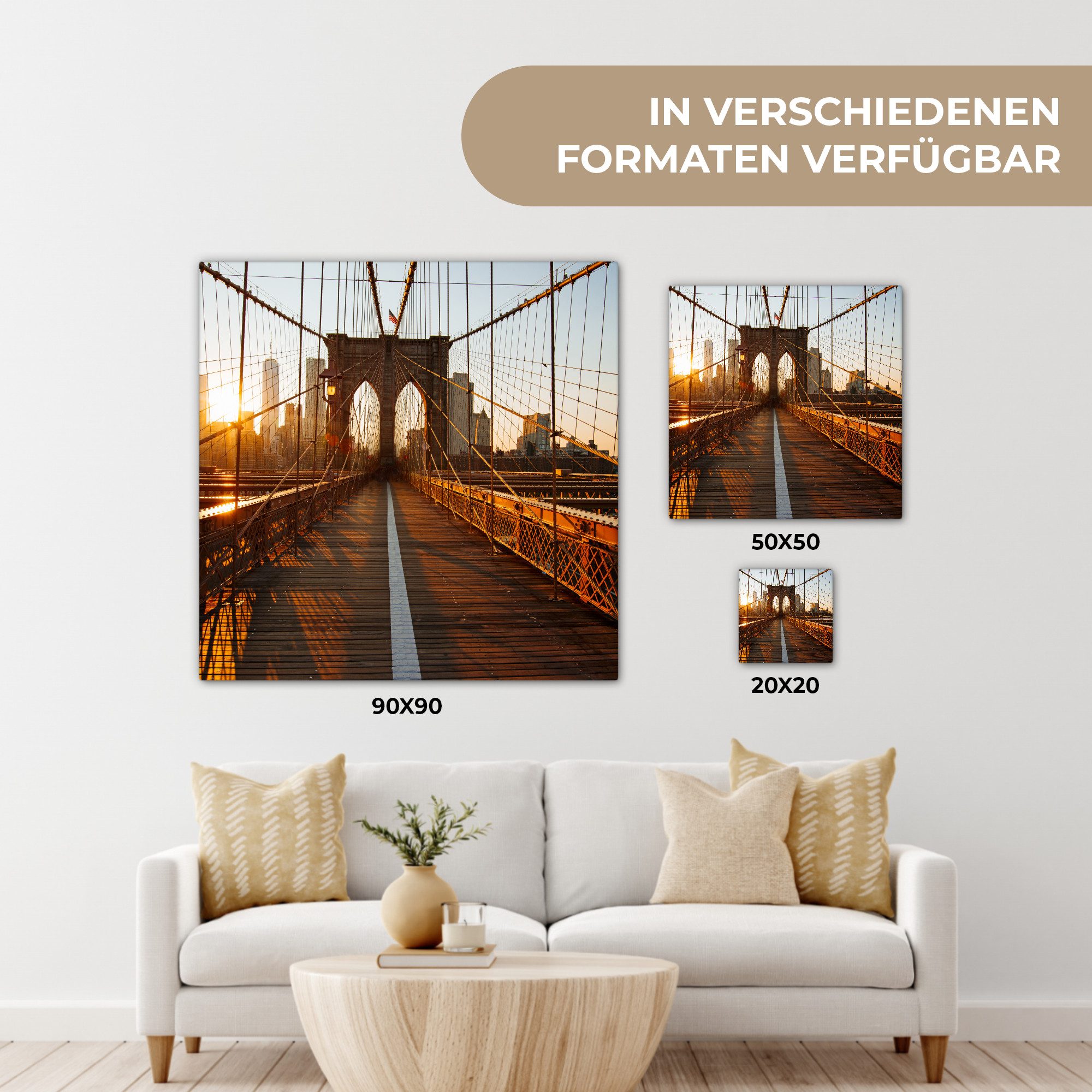 OneMillionCanvasses® Leinwandbild Brooklyn Bridge in New York bei Sonnenuntergang, Fotodruck (1 St), Leinwand Bilder Klein, Wand Dekoration Aesthetic 30x20 cm – Bild 5 von 5