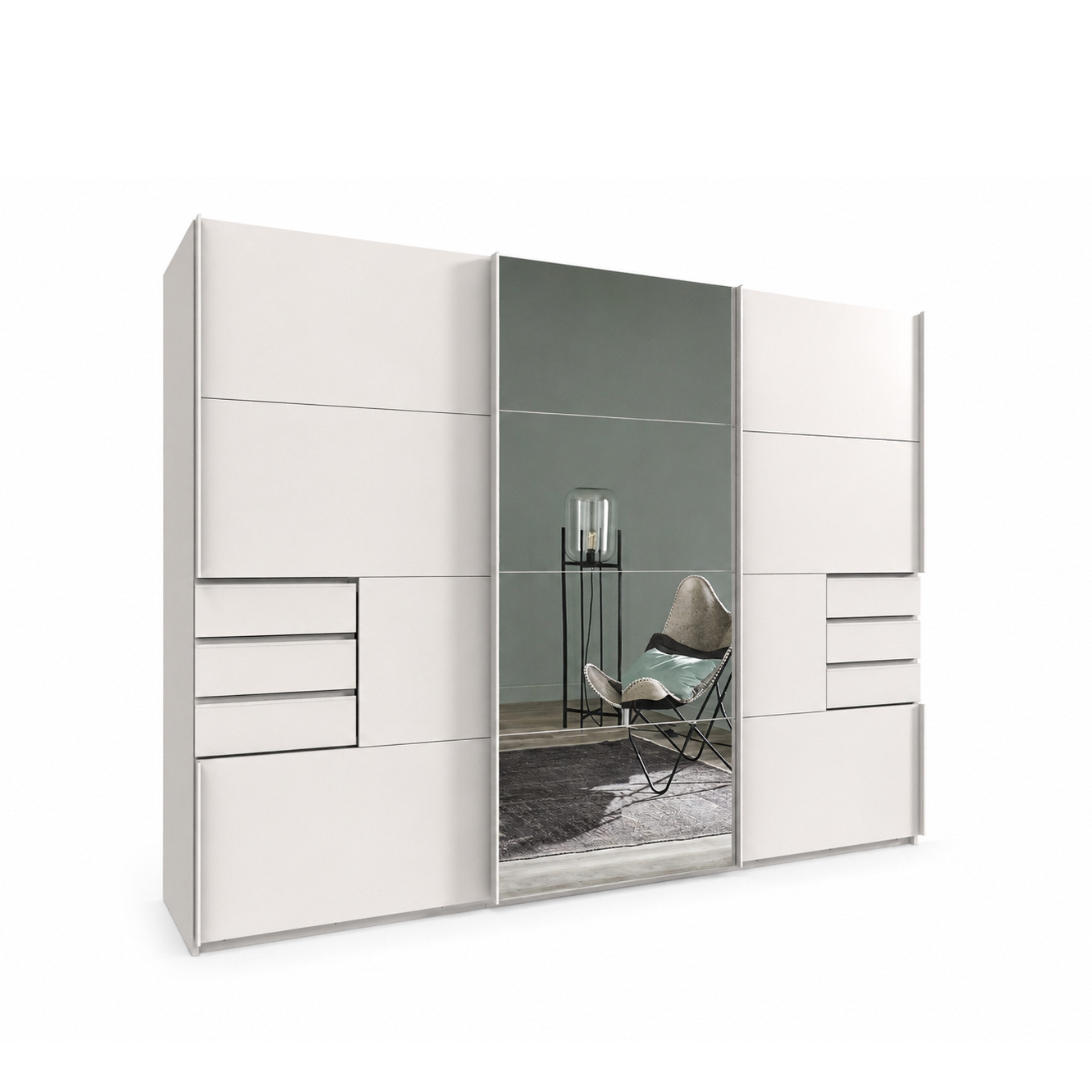 luma-home Schwebetürenschrank 22613 (B270/H208/T64 cm Kleiderschrank mit Vollausstattung, weiße Griffleisten) in Weiß mit 6 sichtbaren Schubladen, Mitteltür Spiegelfront