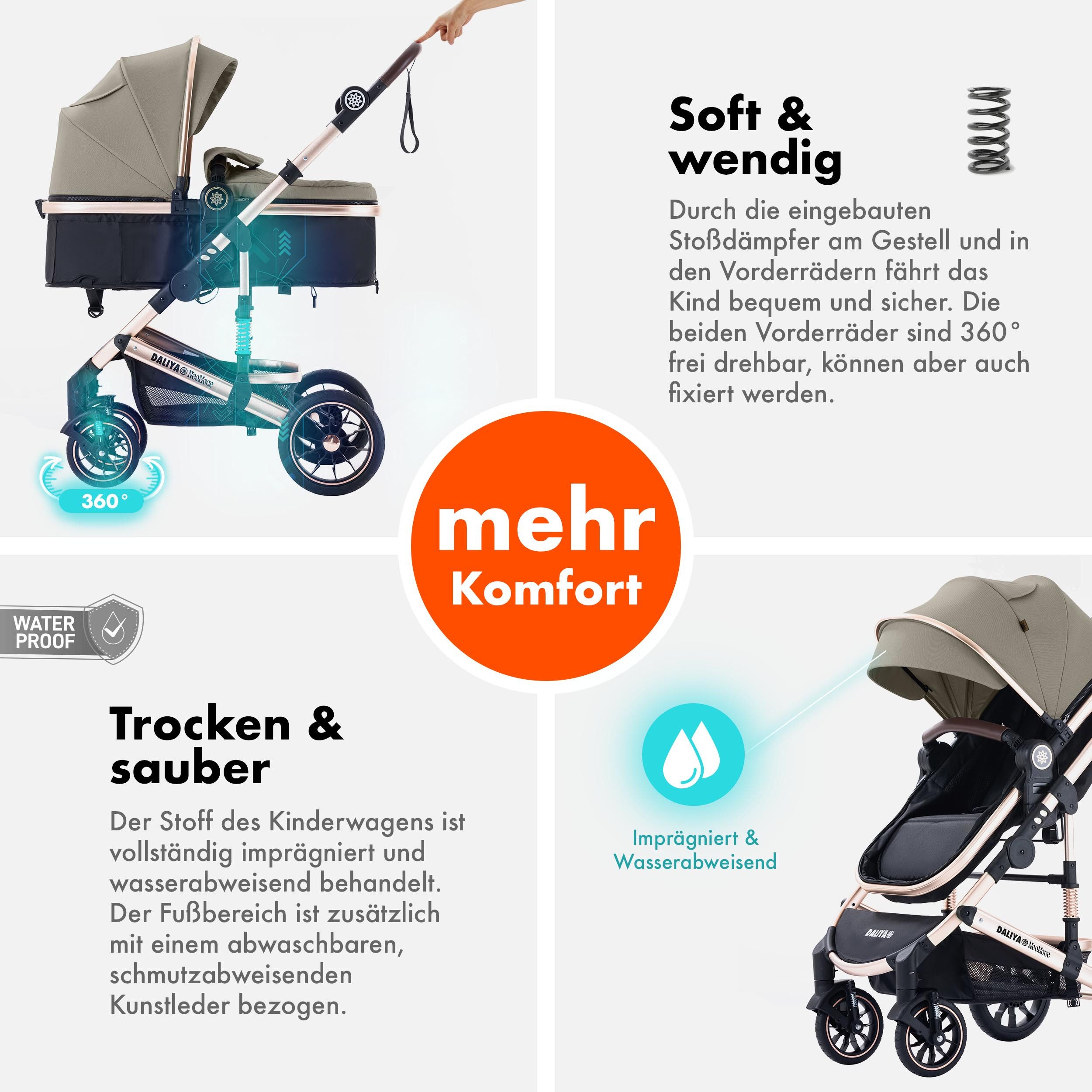 Daliya® Kombi-Kinderwagen NEOMOVE 3in1 Kinderwagen mit i-Size Babyschale & Buggy, (Reise-Set, 10-tlg), Kinderwagen mit i-Size Babyschale, Alu-Rahmen, Großer Einkaufskorb