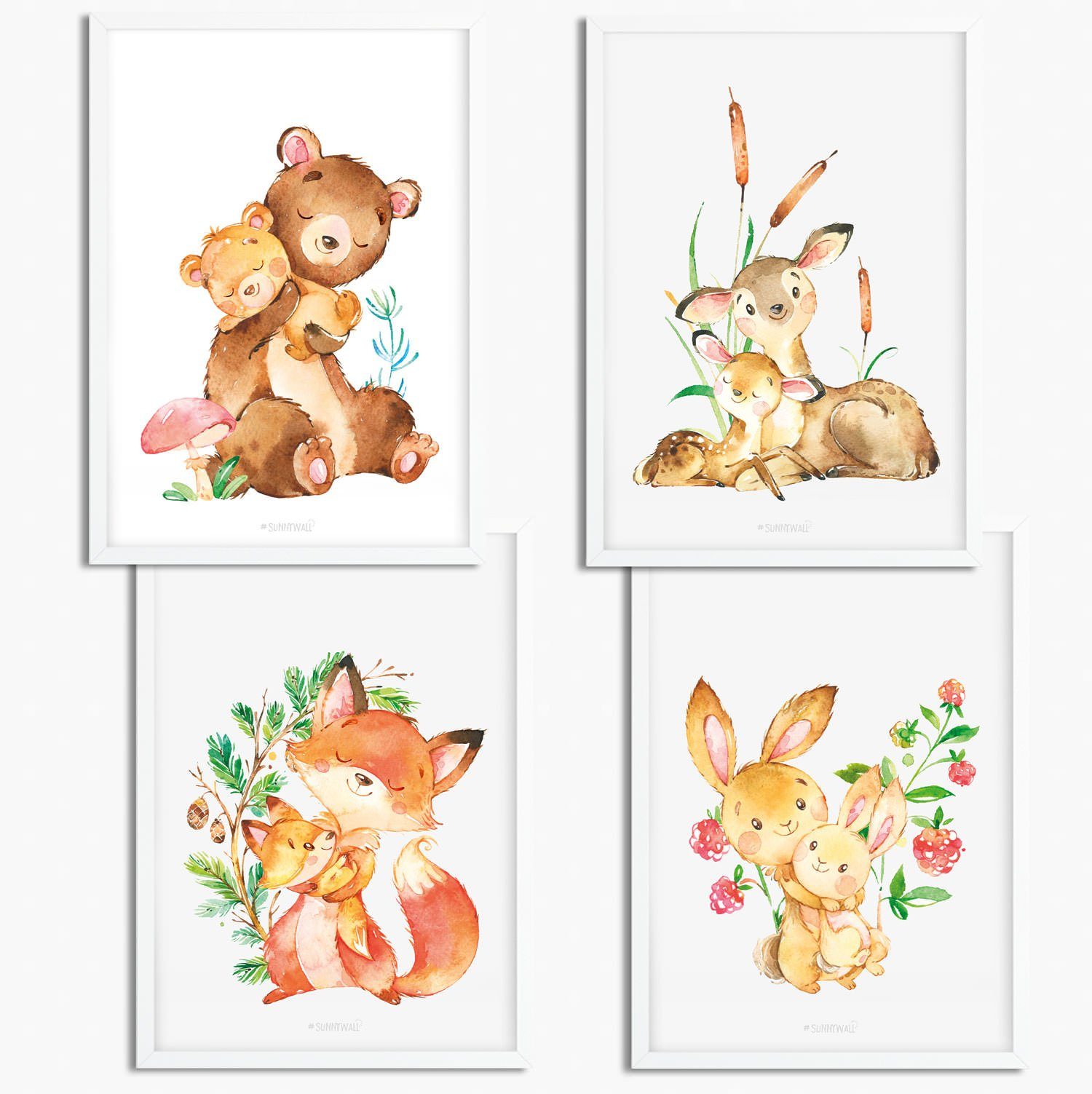 Sunnywall Poster Poster Kinderzimmer Waldtier Familie (4er Set), Waldtier Familie (Set, 4 St), ungerahmt